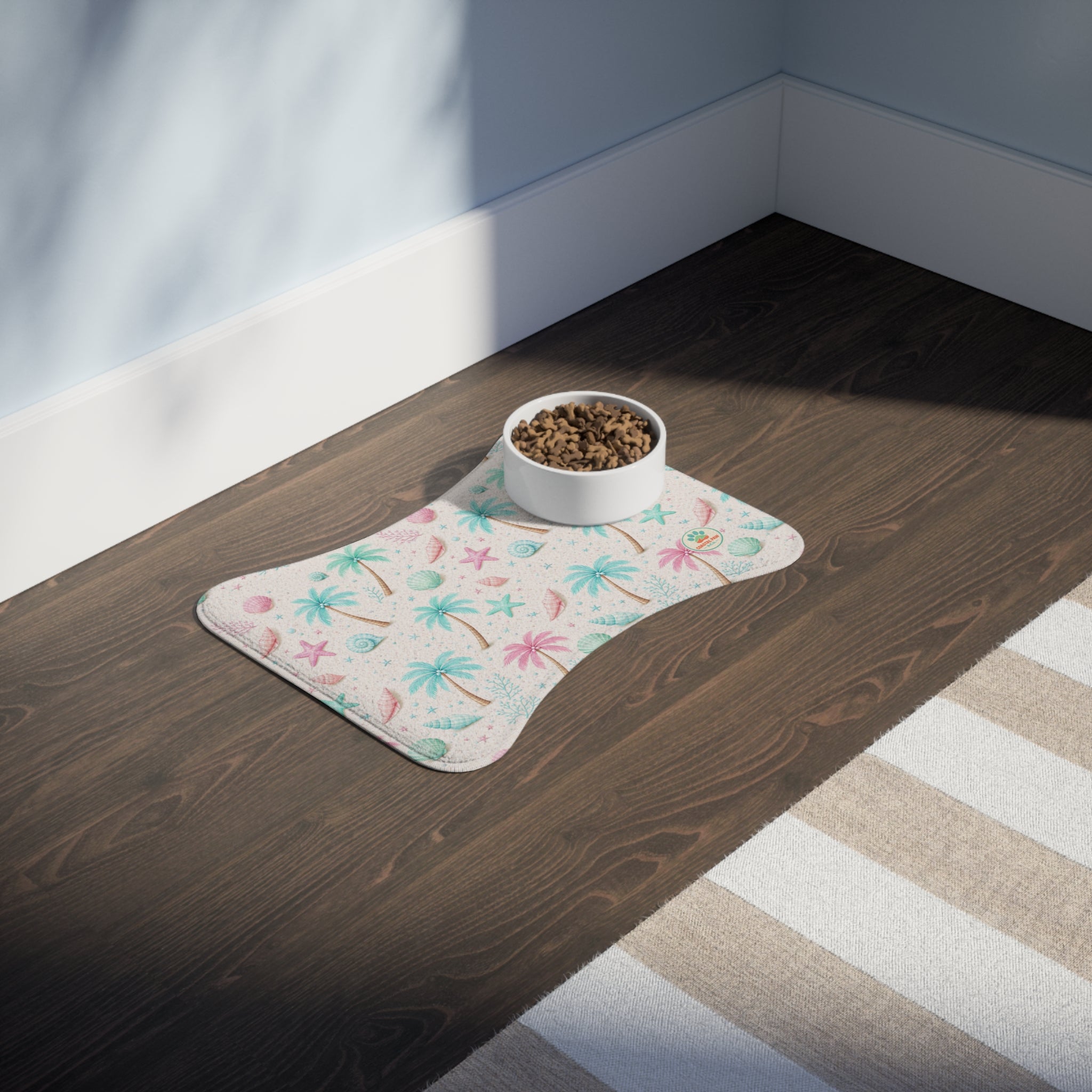 Tropical Palm Shells Pet Feeding Mat | Coastal Beach Pattern