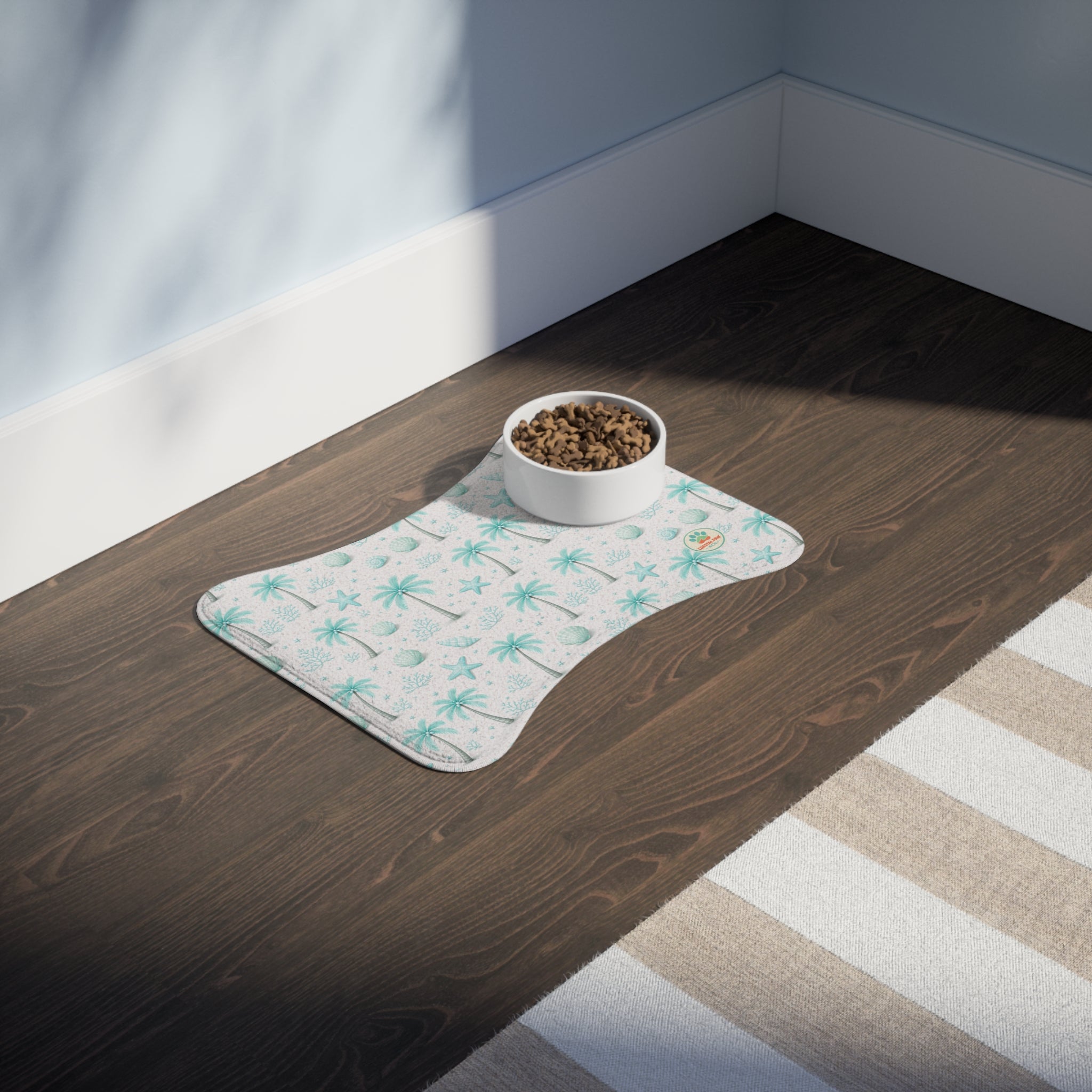 Aqua Palm Tree Pattern Pet Feeding Mat | Coastal Beach Design, Non-Slip
