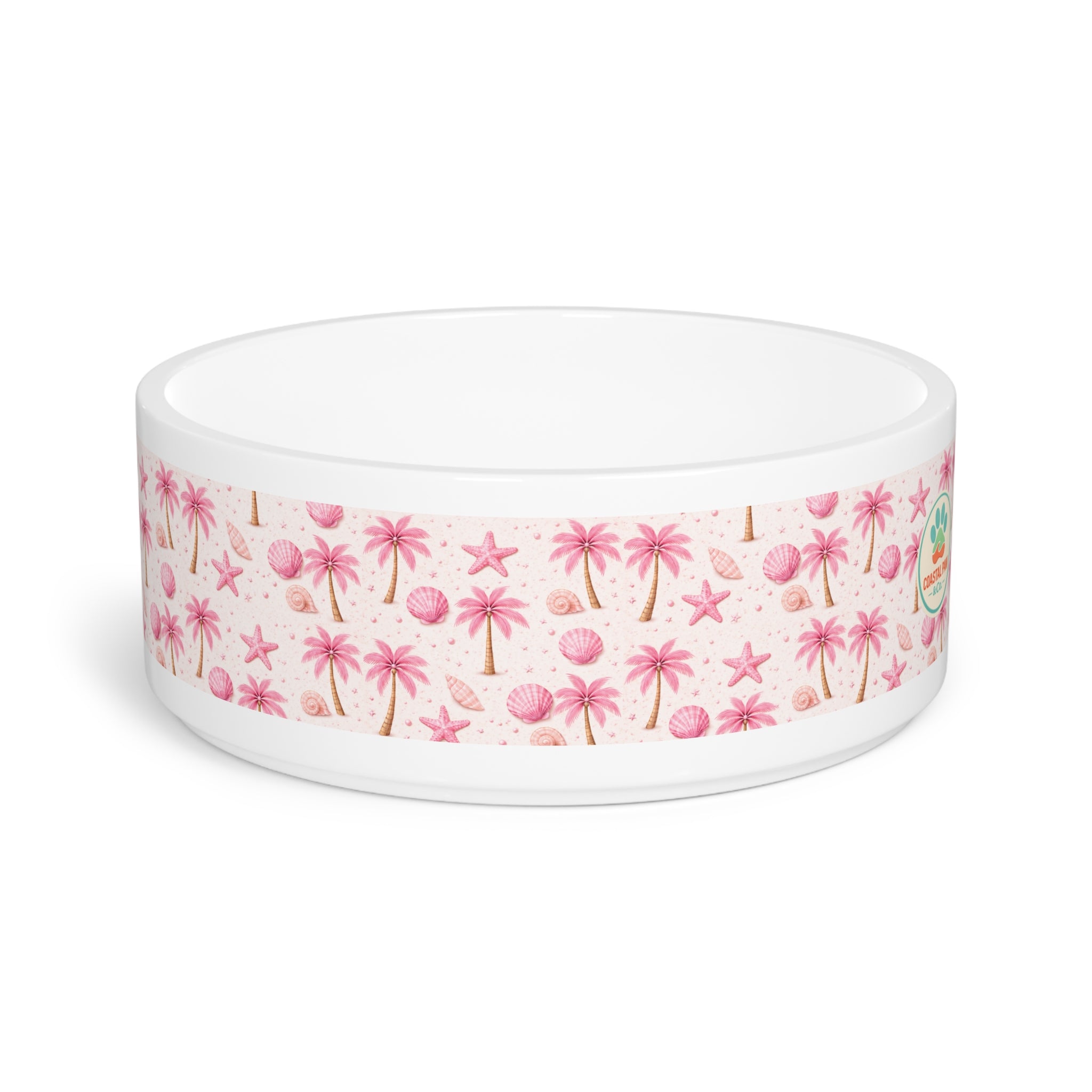 Pink Seashell Palm Pattern Pet Bowl | Tropical Beach Design