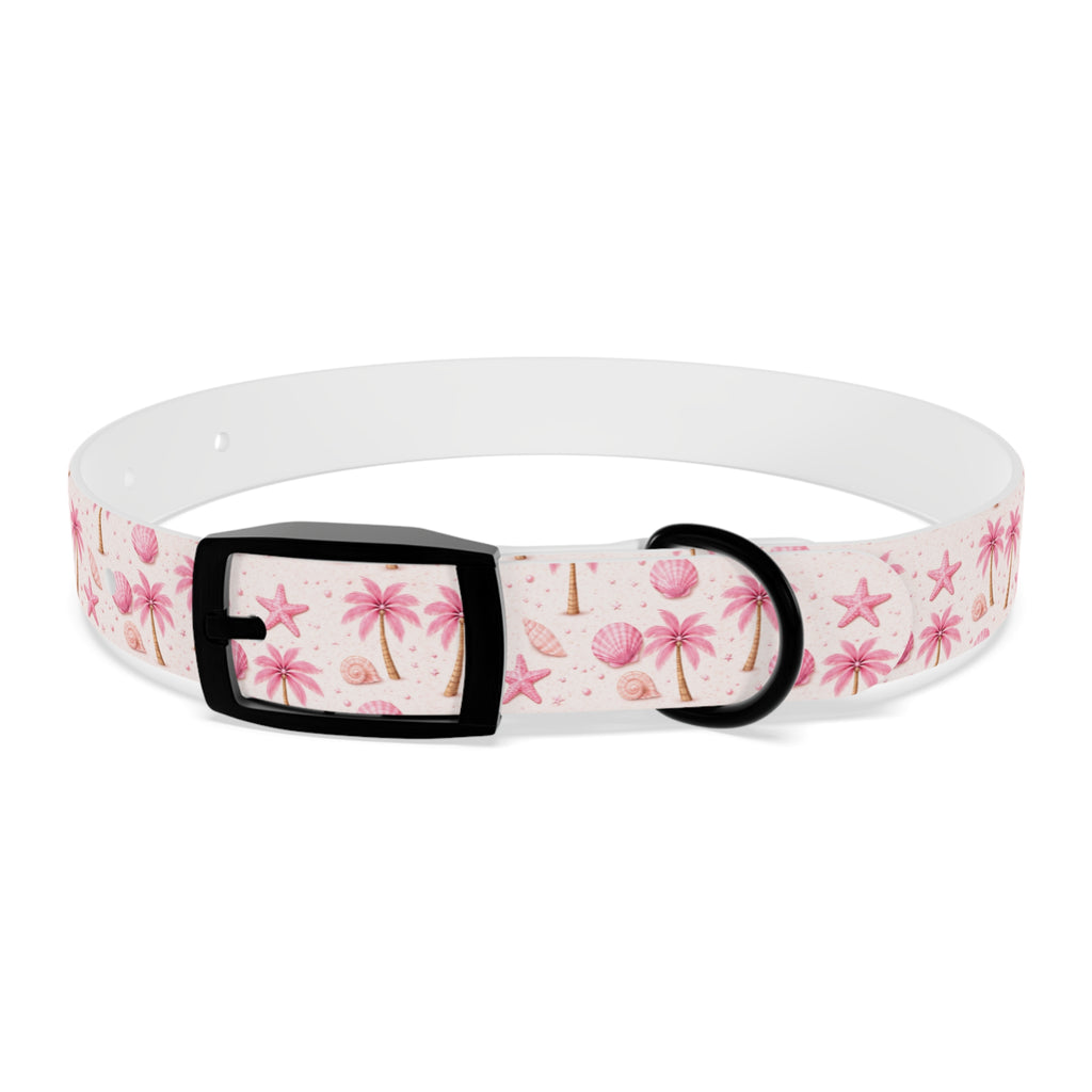 Pink Seashell Palm Tree Pattern Dog Collar | Beach Summer Print