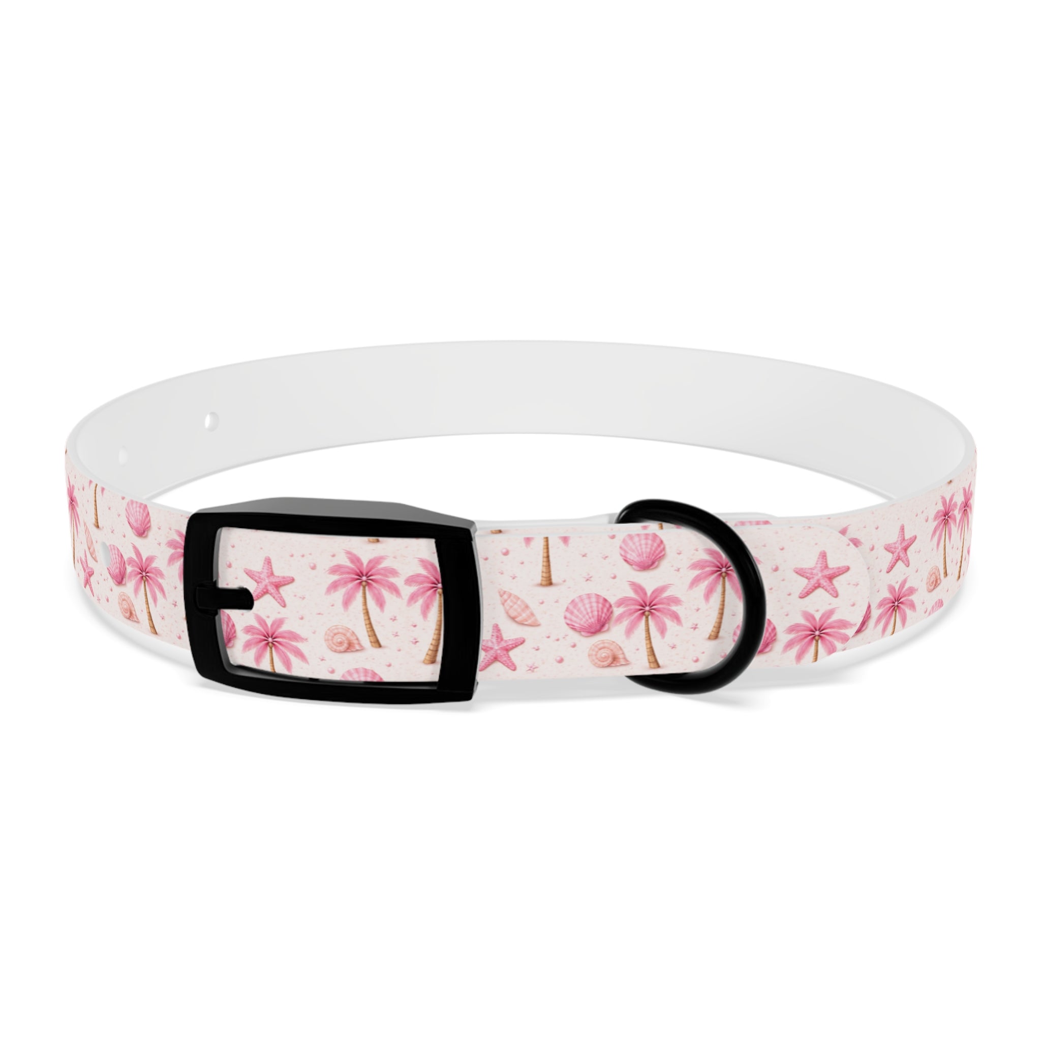 Pink Seashell Palm Tree Pattern Dog Collar | Beach Summer Print