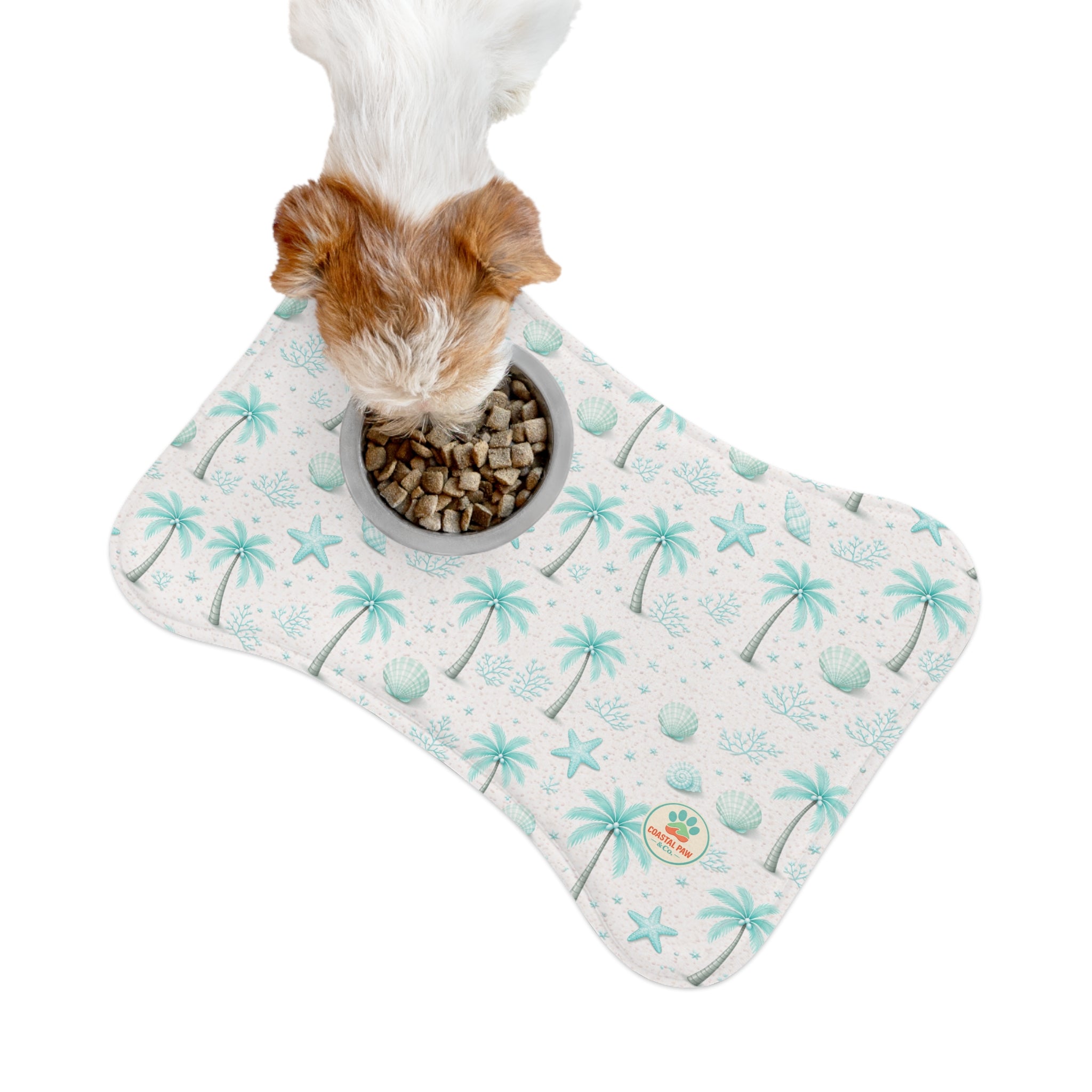 Aqua Palm Tree Pattern Pet Feeding Mat | Coastal Beach Design, Non-Slip