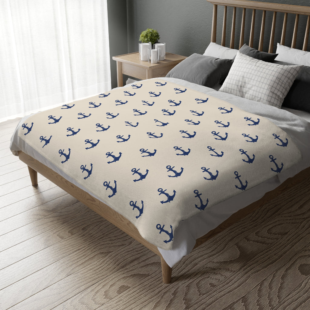 Navy Anchor Pattern Blanket | Velveteen Microfiber Throw