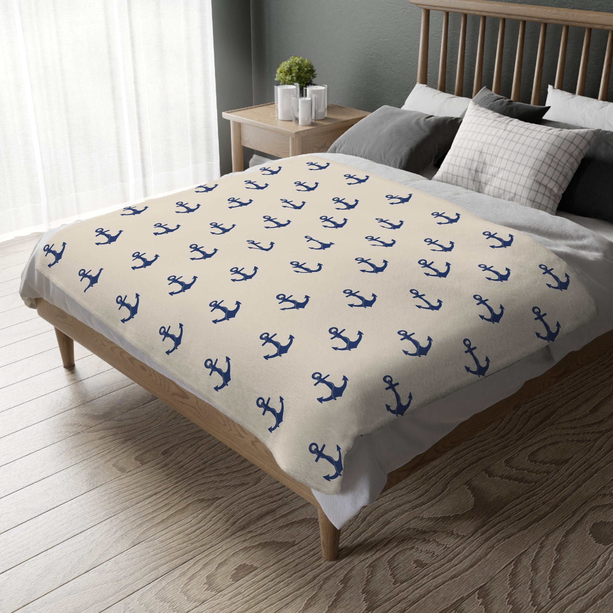 Navy Anchor Pattern Blanket | Velveteen Microfiber Throw