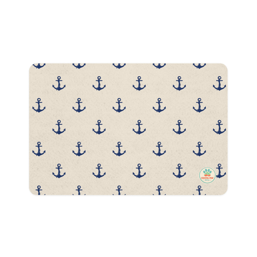 Navy Anchor Pattern Pet Food Mat 12x18 | Nautical Dog Cat Feeding Mat