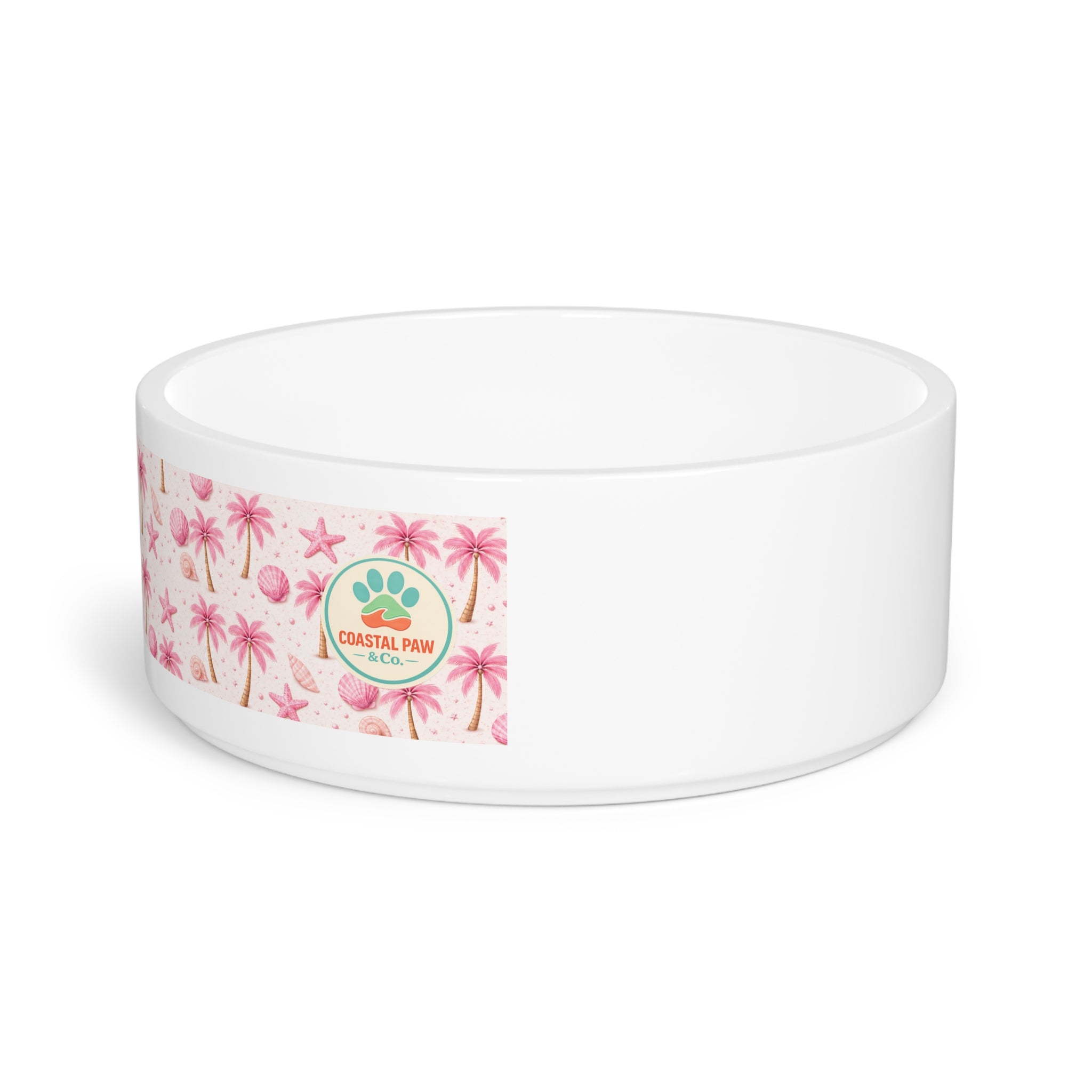 Pink Seashell Palm Pattern Pet Bowl | Tropical Beach Design