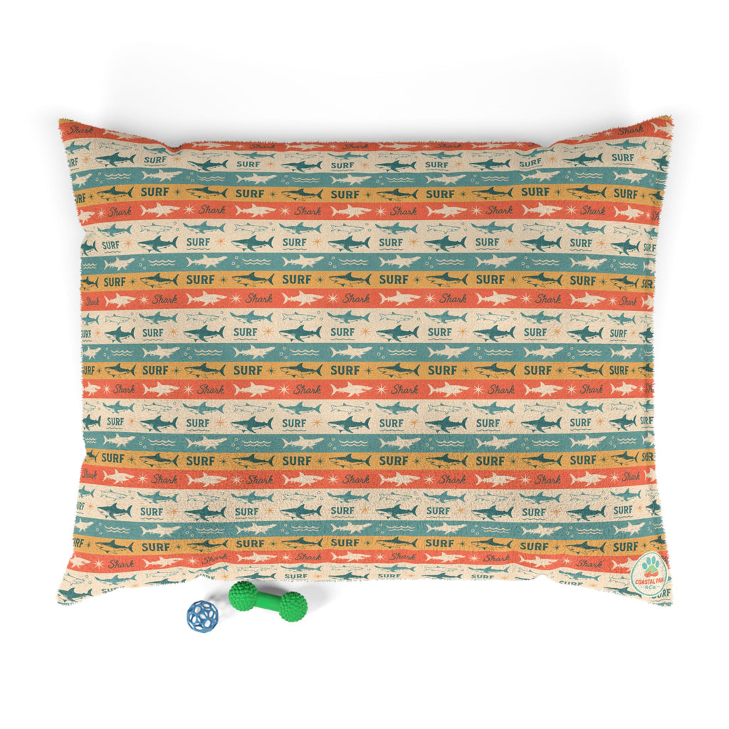 Retro Surf Sharks Pet Bed | Beach Stripes, Orange Teal Pattern