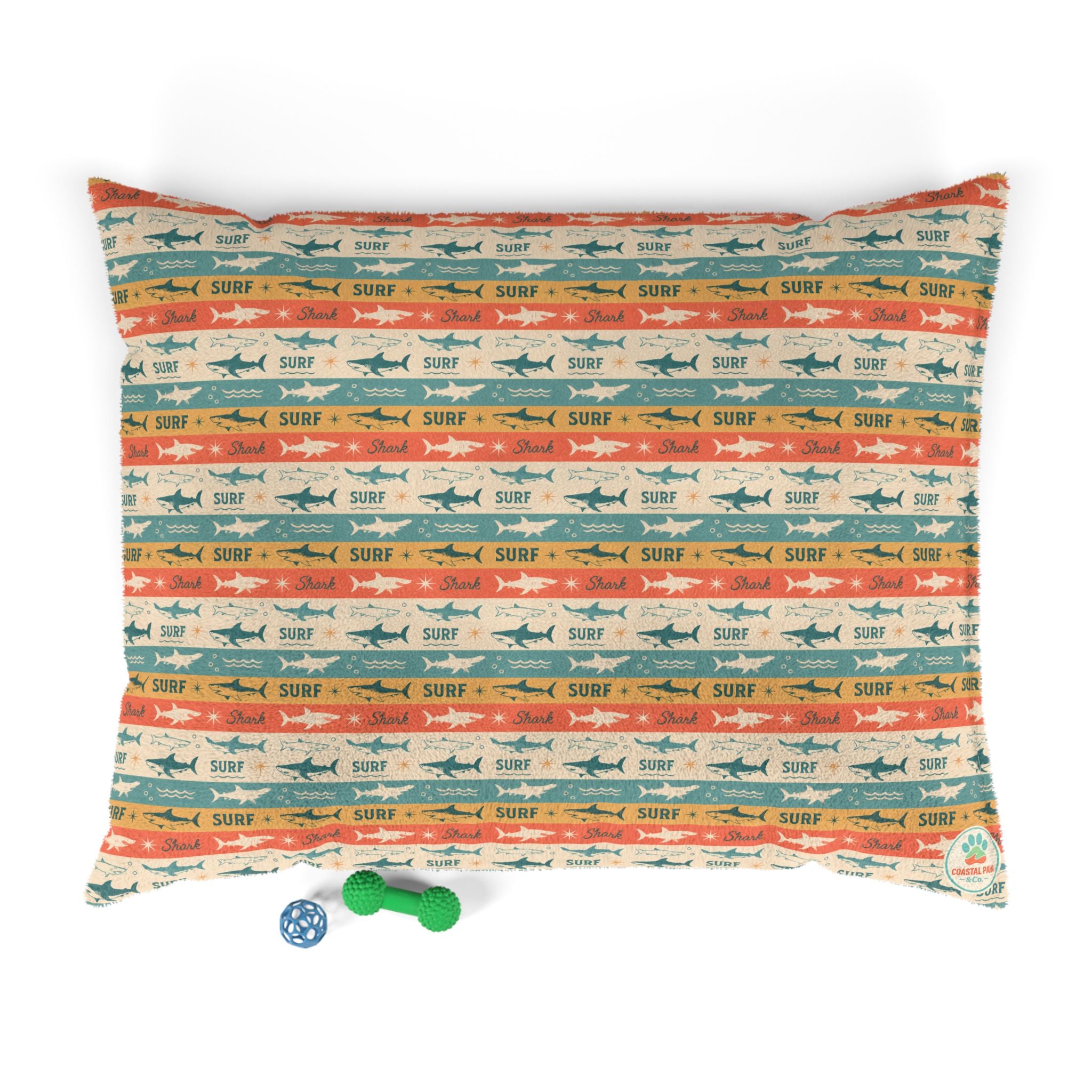 Retro Surf Sharks Pet Bed | Beach Stripes, Orange Teal Pattern