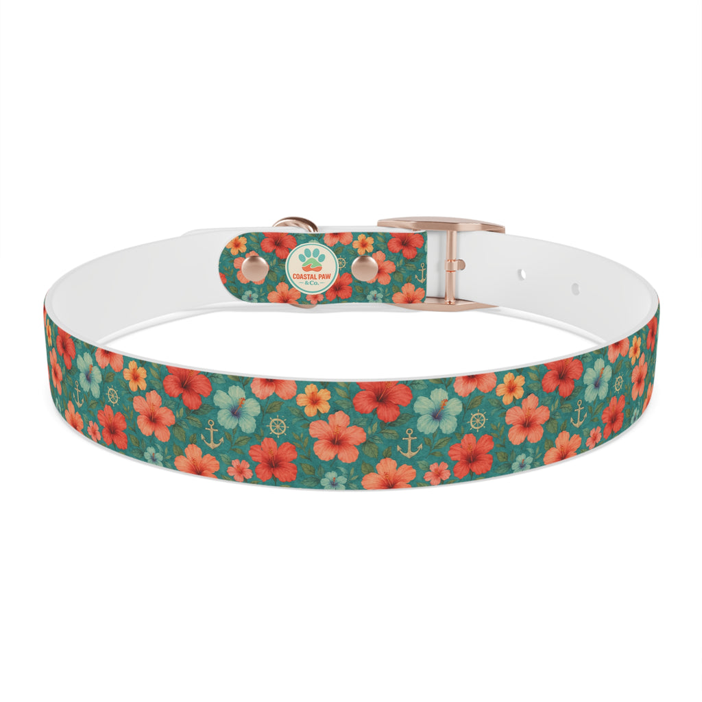 Tropical Hibiscus Pattern Dog Collar | Coral Floral on Teal