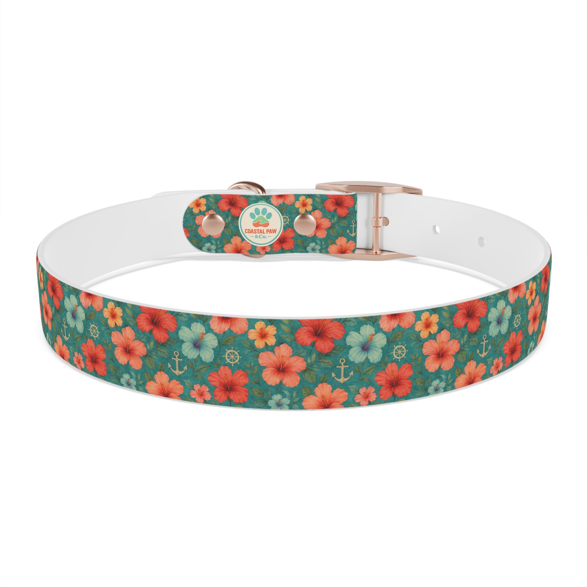 Tropical Hibiscus Pattern Dog Collar | Coral Floral on Teal