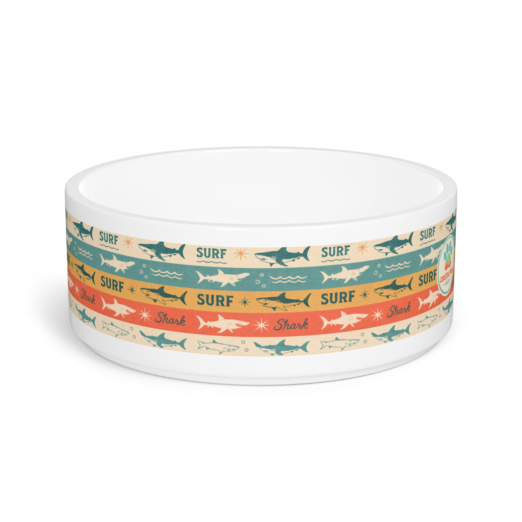 Retro Surf Sharks Pet Bowl | Coastal Stripes, Nautical Dog Cat Bowl