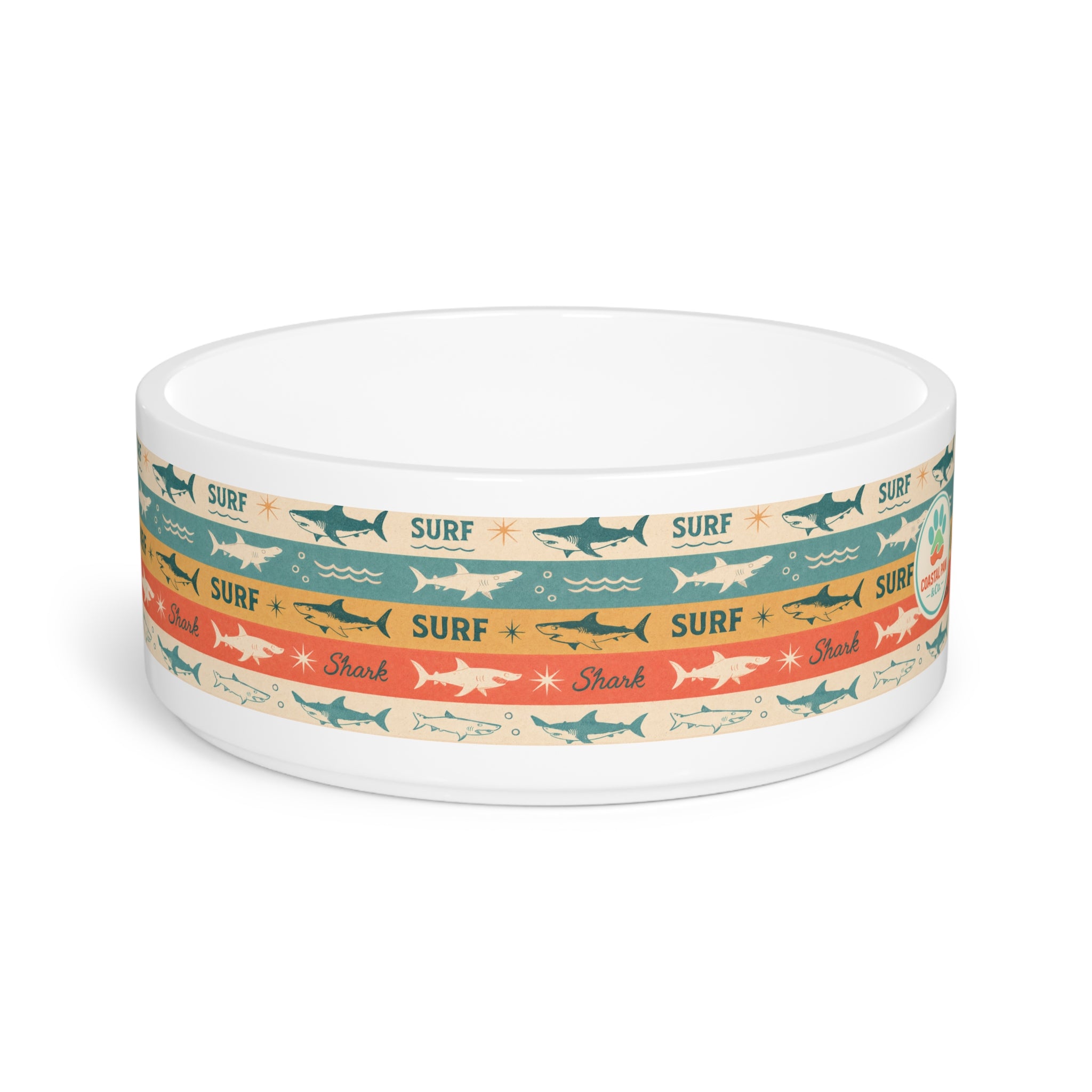 Retro Surf Sharks Pet Bowl | Coastal Stripes, Nautical Dog Cat Bowl