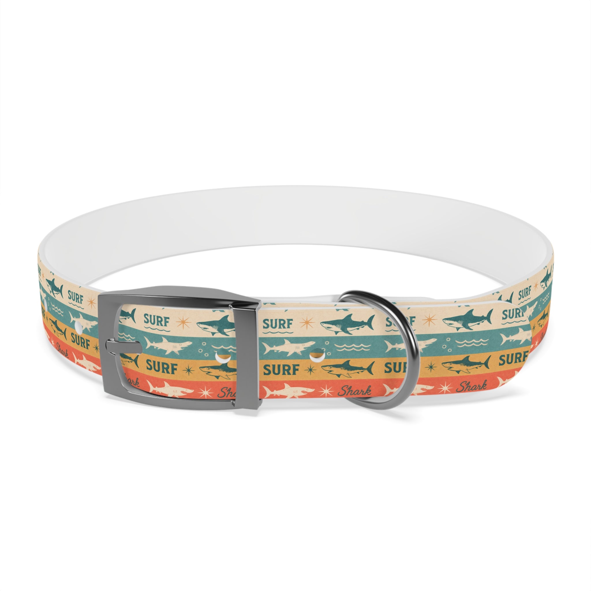 Retro Surf Sharks Dog Collar | Striped Beach Waves Pattern
