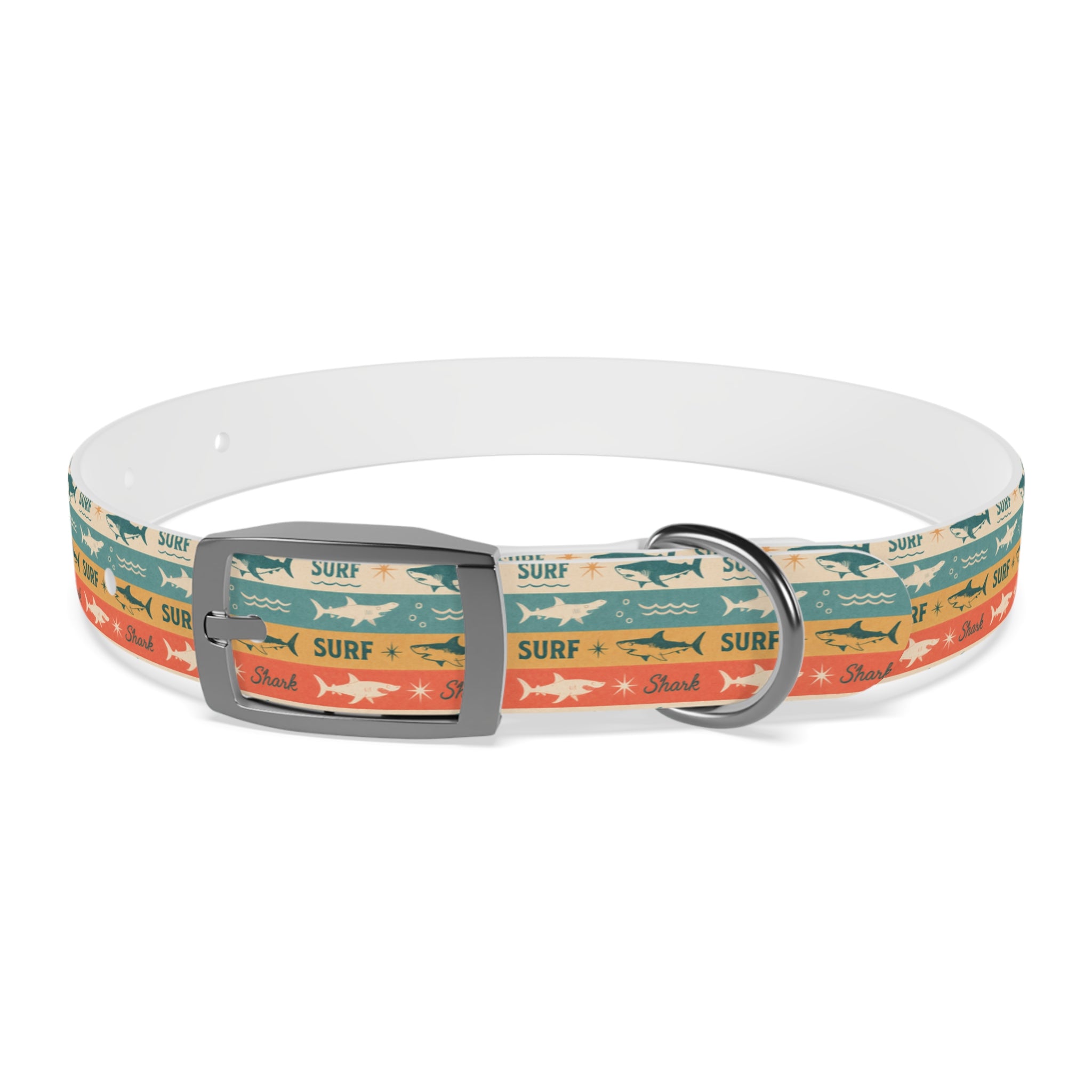 Retro Surf Sharks Dog Collar | Striped Beach Waves Pattern
