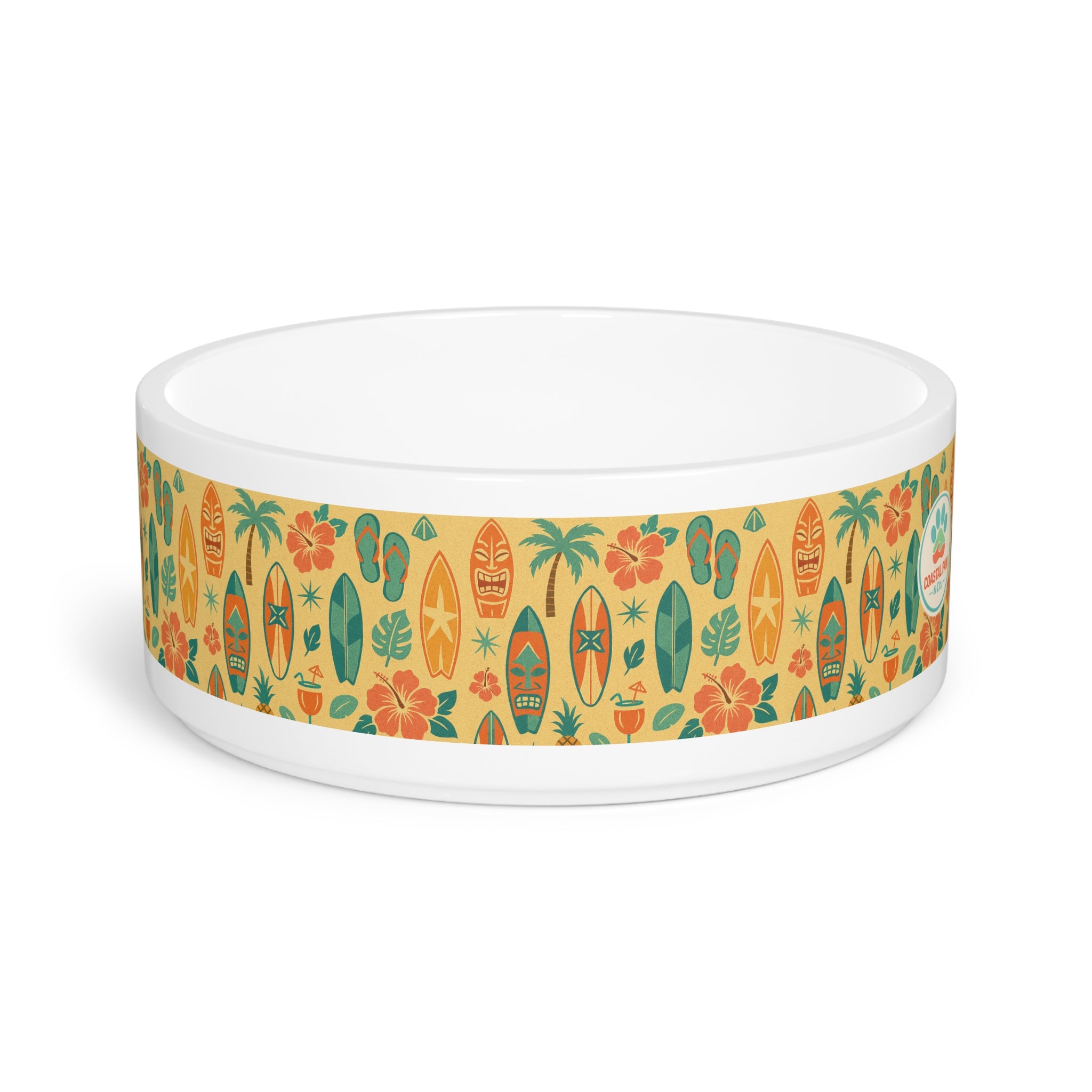 Tropical Surfboard Pattern Pet Bowl | Hawaiian Tiki Floral Design