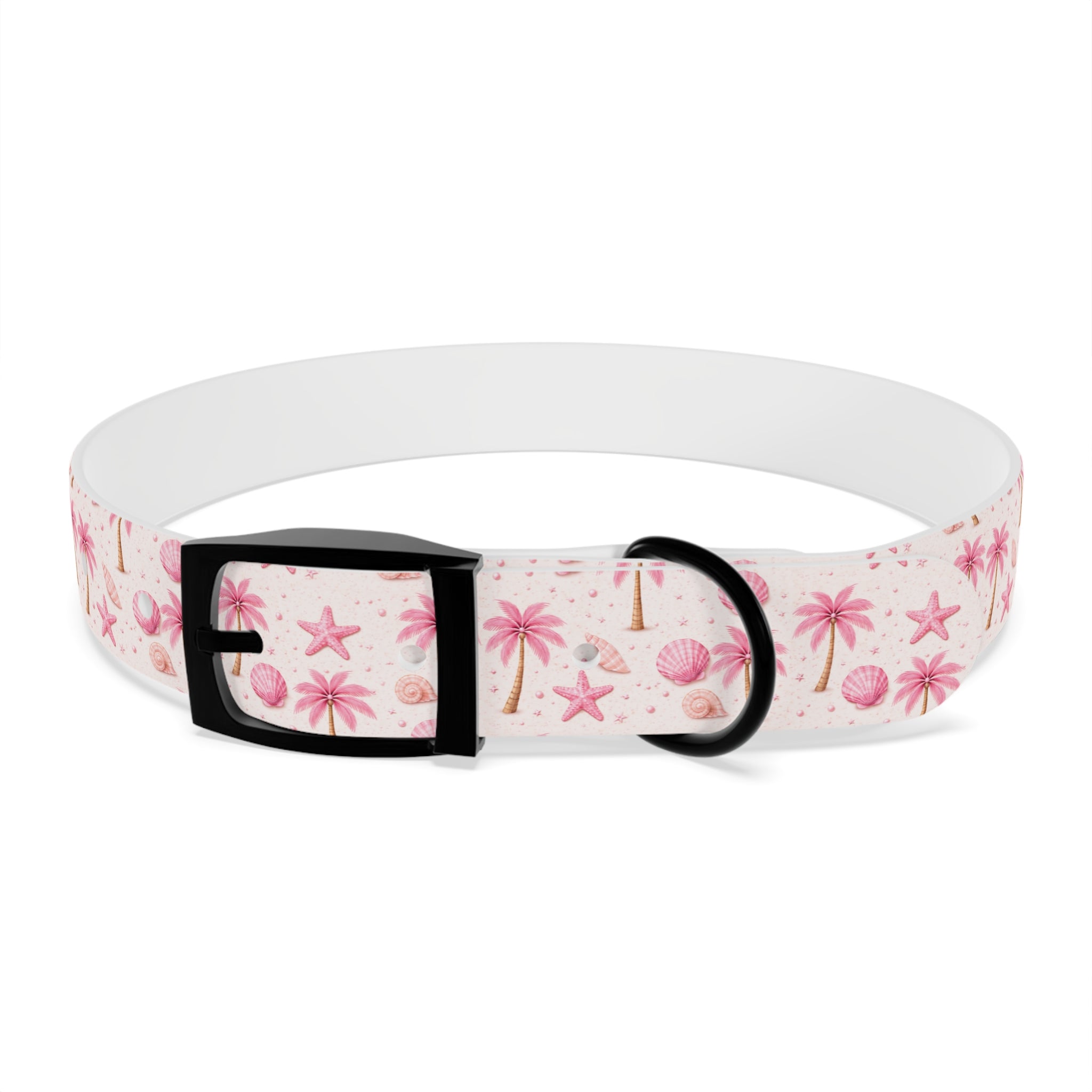 Pink Seashell Palm Tree Pattern Dog Collar | Beach Summer Print