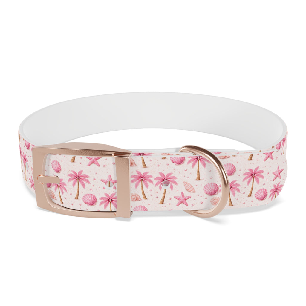 Pink Seashell Palm Tree Pattern Dog Collar | Beach Summer Print