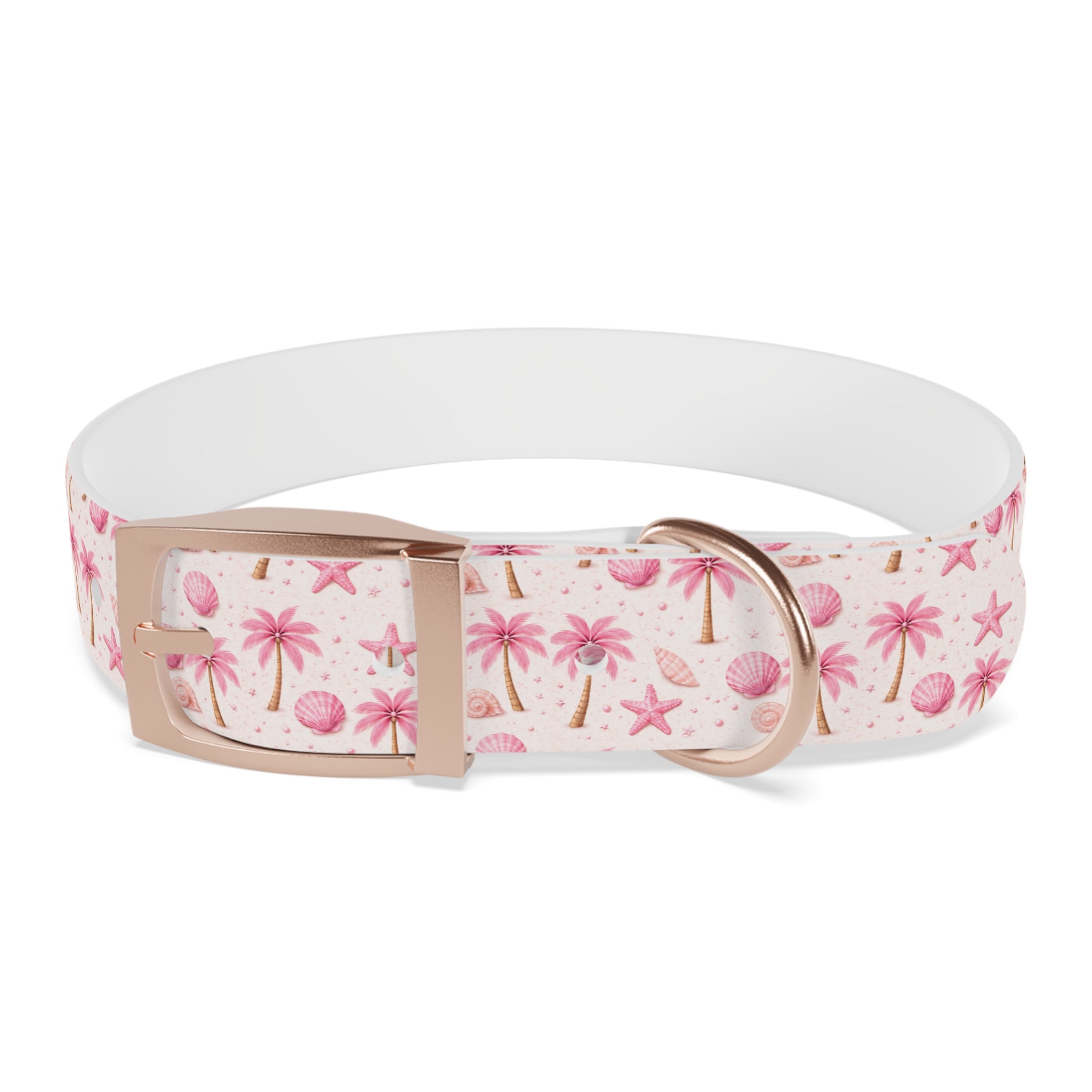 Pink Seashell Palm Tree Pattern Dog Collar | Beach Summer Print