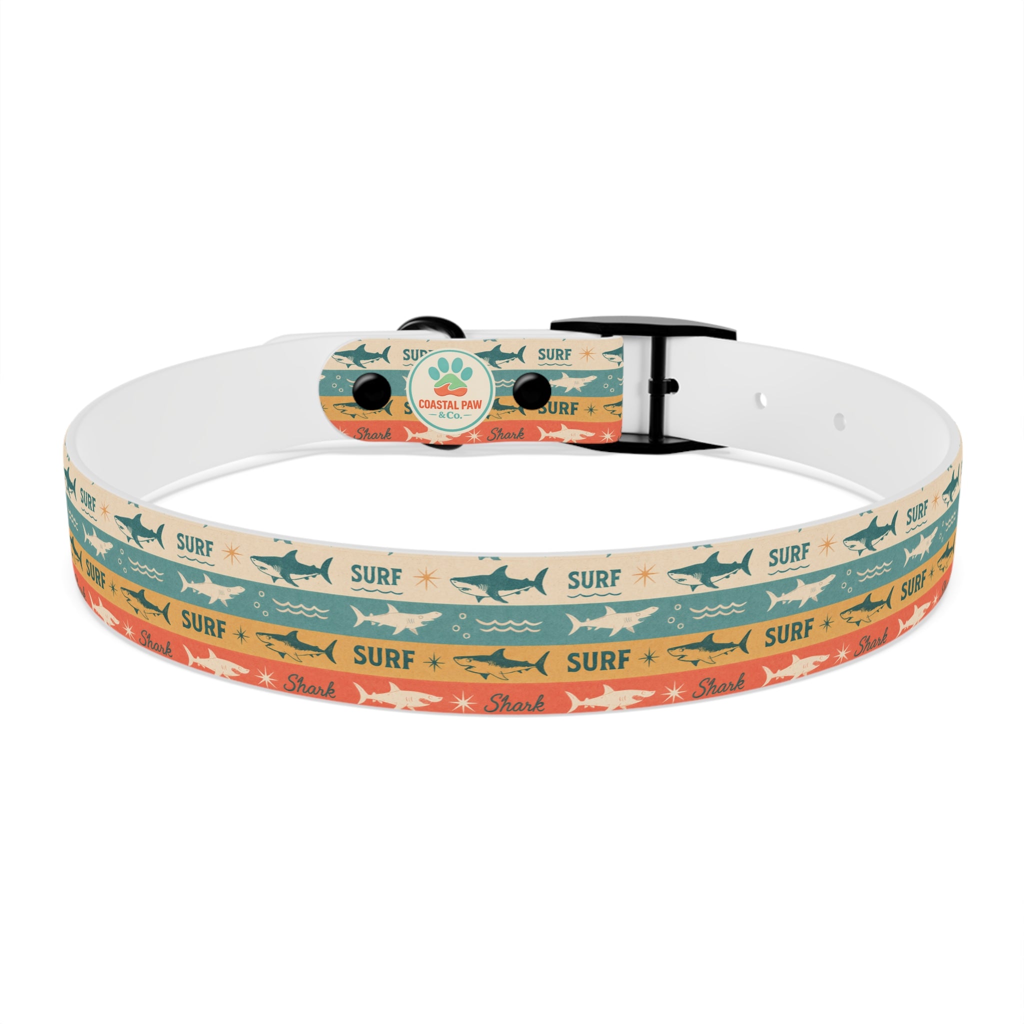 Retro Surf Sharks Dog Collar | Striped Beach Waves Pattern