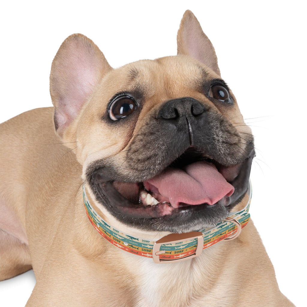 Retro Surf Sharks Dog Collar | Striped Beach Waves Pattern