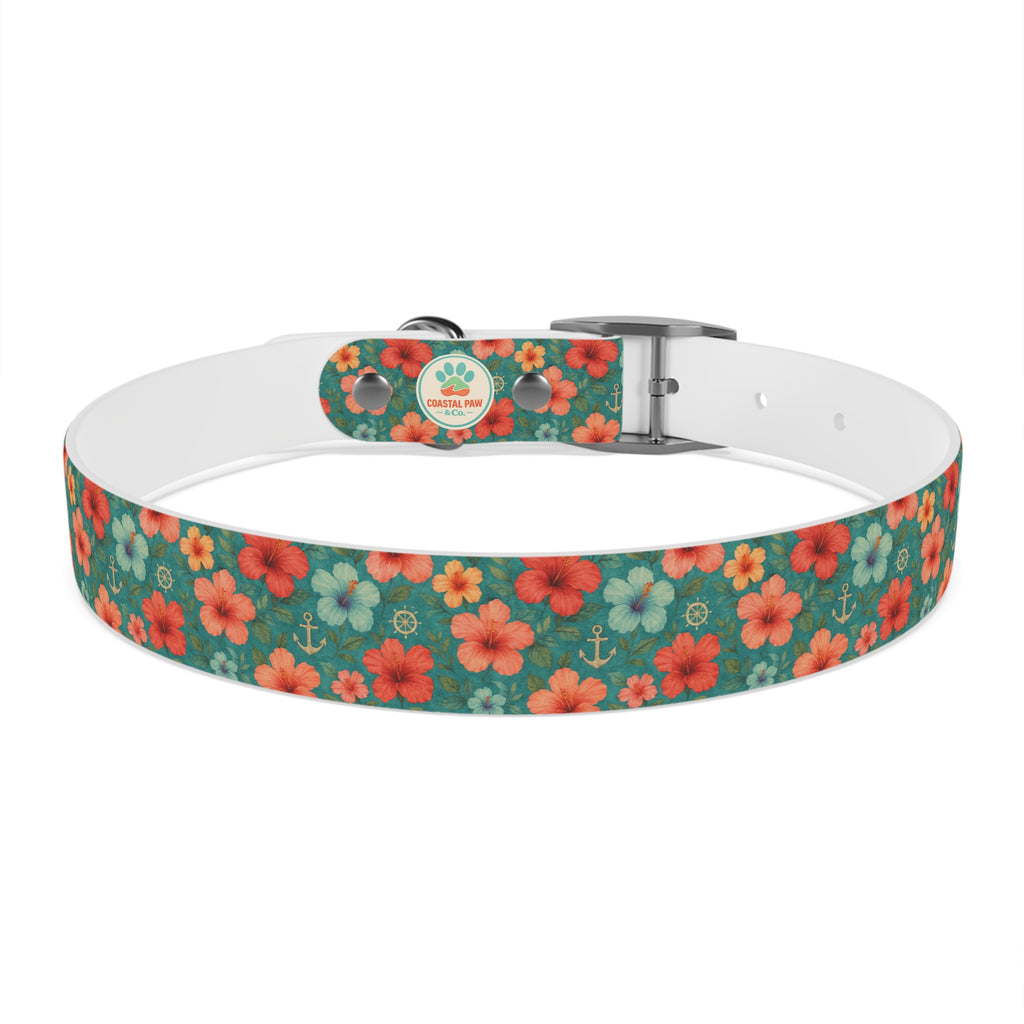 Tropical Hibiscus Pattern Dog Collar | Coral Floral on Teal