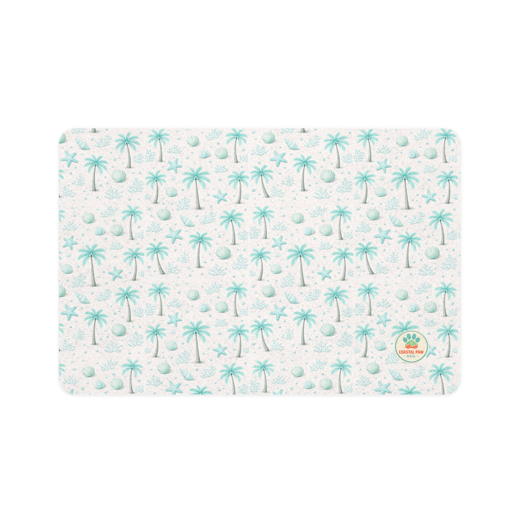 Aqua Palm Tree Pattern Pet Food Mat (12x18) | Coastal Tropical Placemat