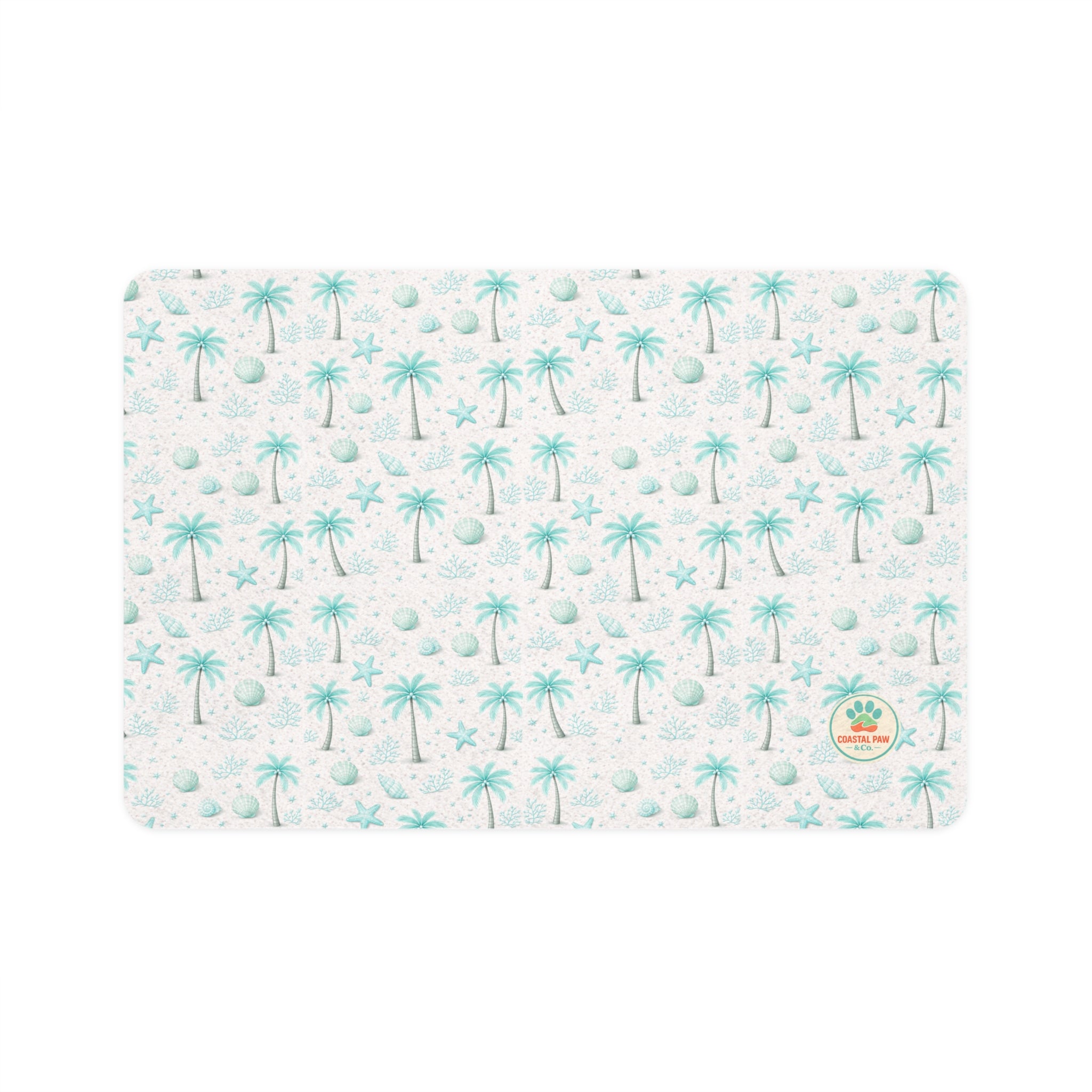 Aqua Palm Tree Pattern Pet Food Mat (12x18) | Coastal Tropical Placemat