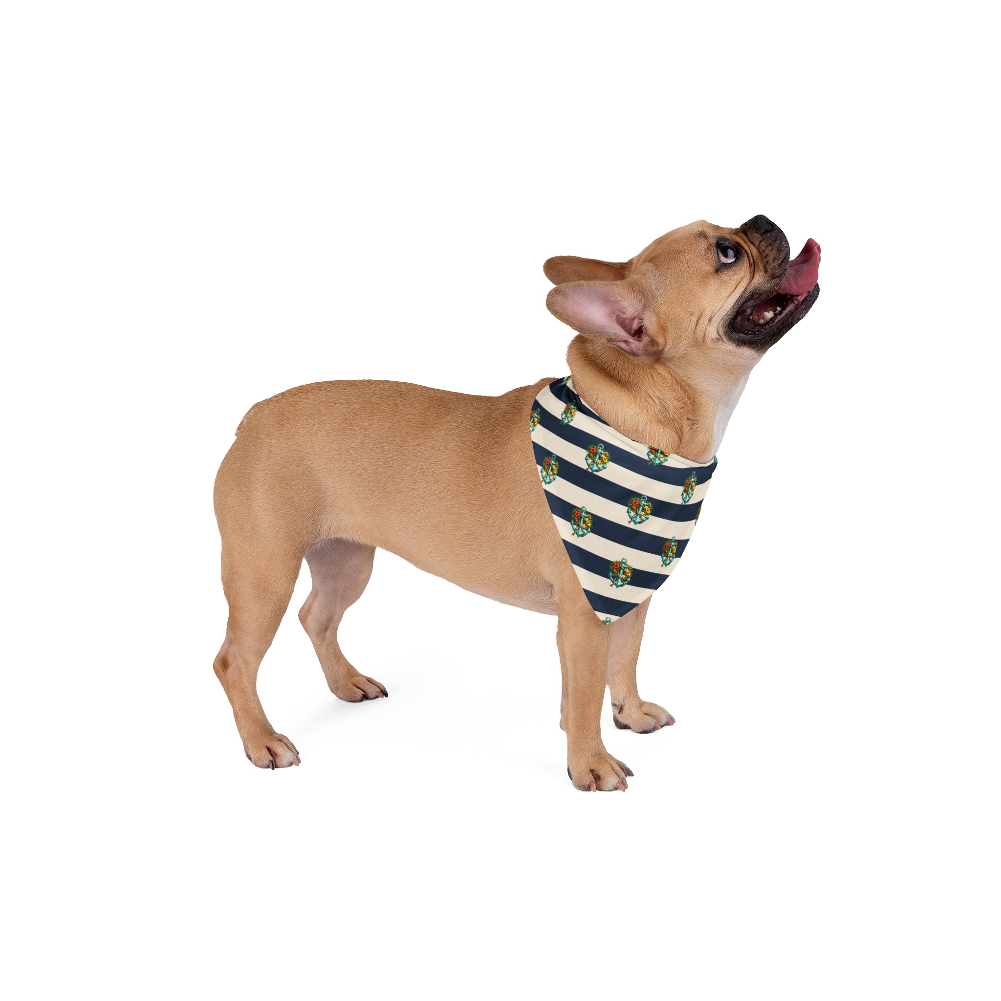 Nautical Anchor Floral Stripe Pet Bandana | Blue White Striped Dog Bandana