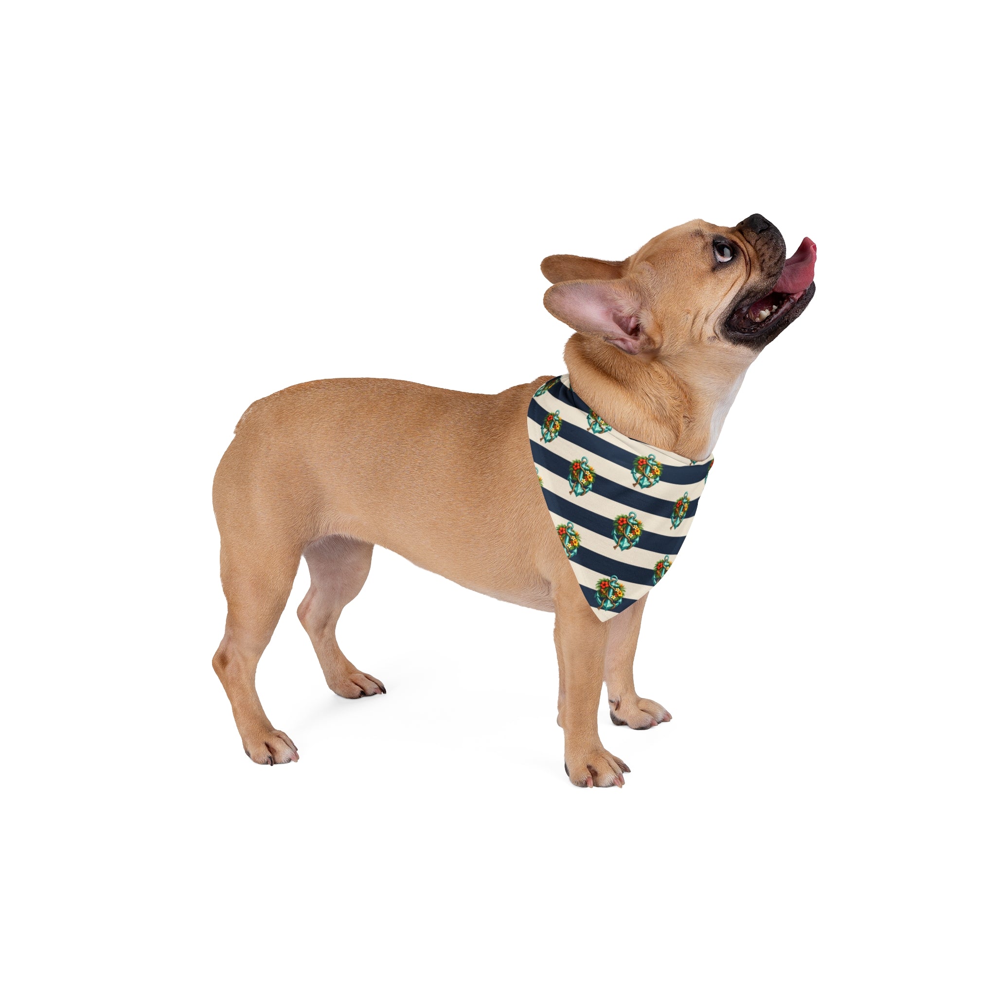 Nautical Anchor Floral Stripe Pet Bandana | Blue White Striped Dog Bandana