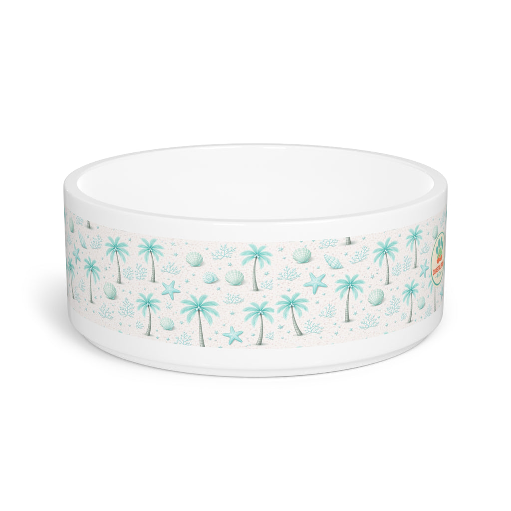 Aqua Palm Trees Pattern Pet Bowl | Tropical Palm Print Ceramic Bowl
