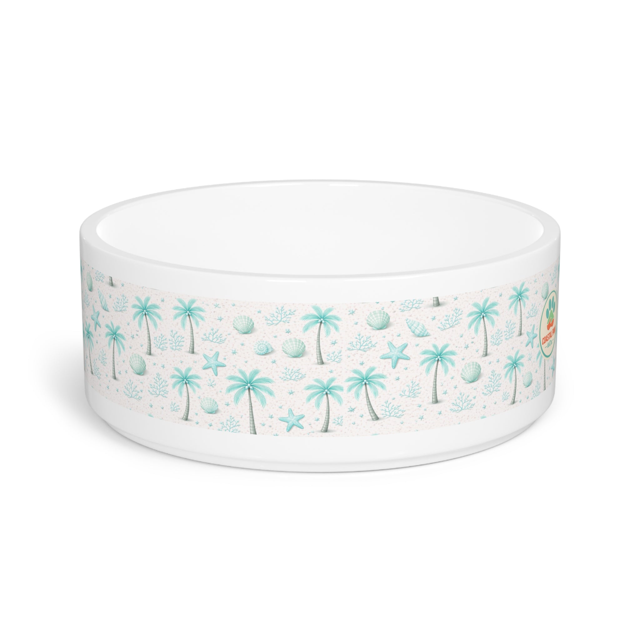 Aqua Palm Trees Pattern Pet Bowl | Tropical Palm Print Ceramic Bowl