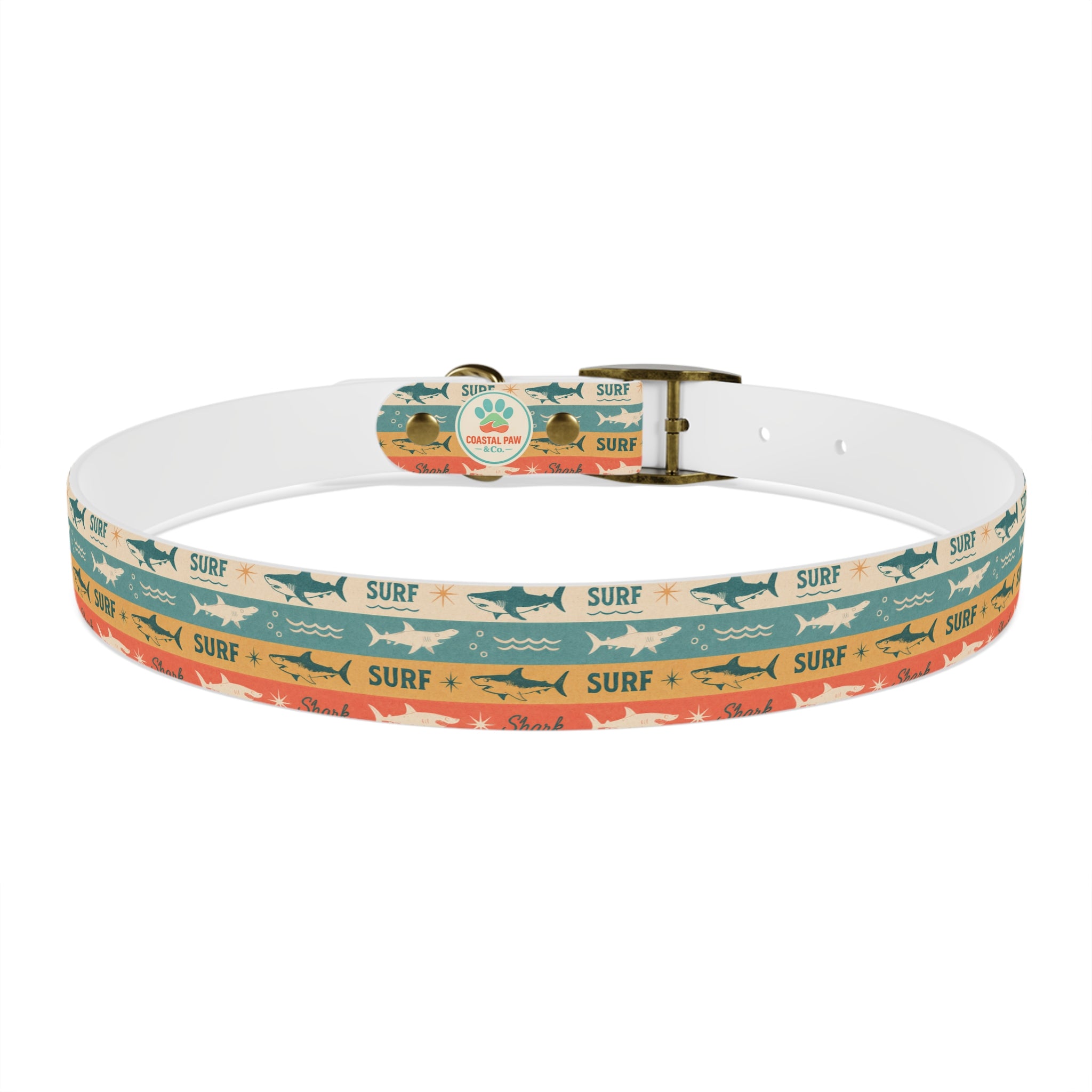 Retro Surf Sharks Dog Collar | Striped Beach Waves Pattern