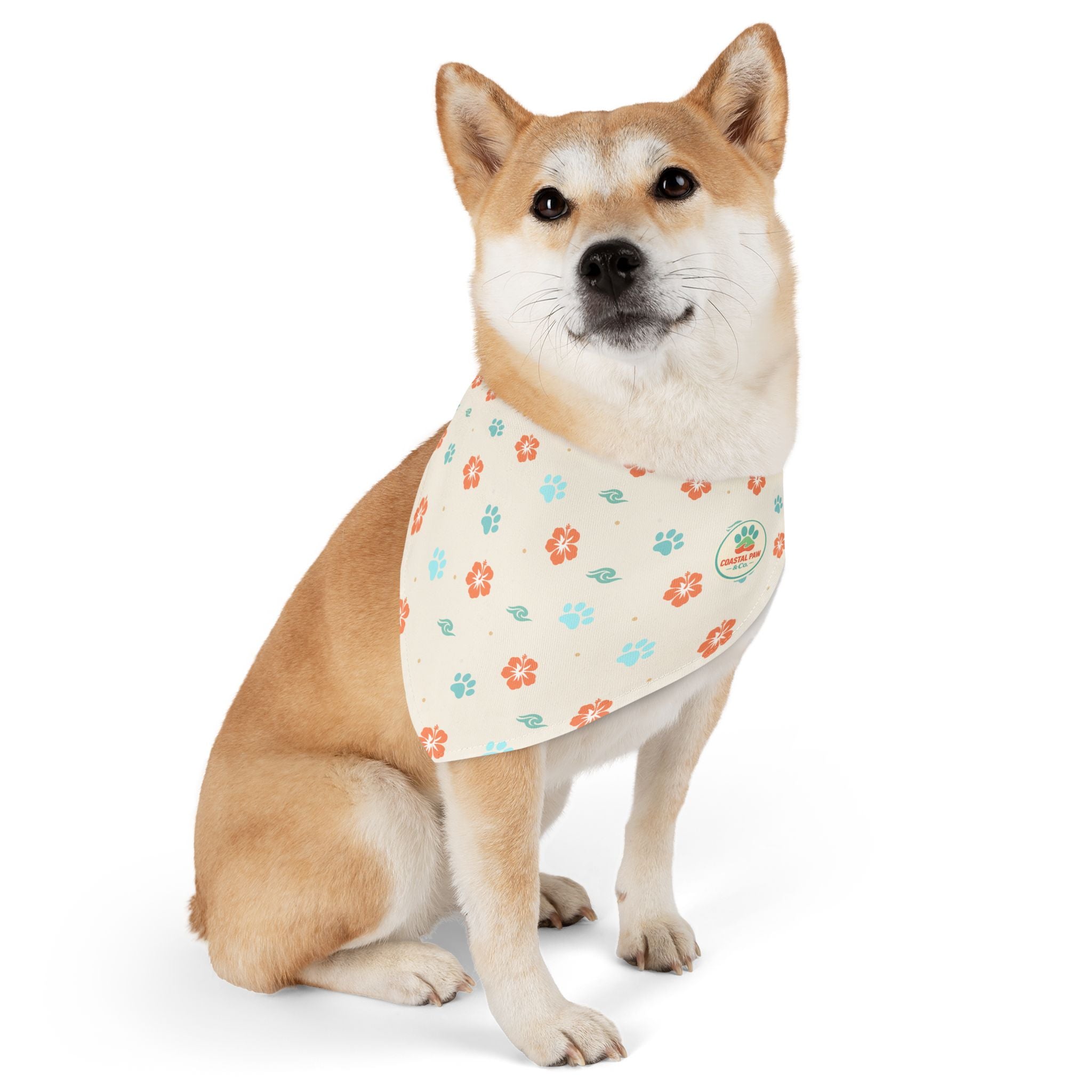 Coastal Paw Logo Pet Bandana Collar | Floral Paw Prints, Beach Theme