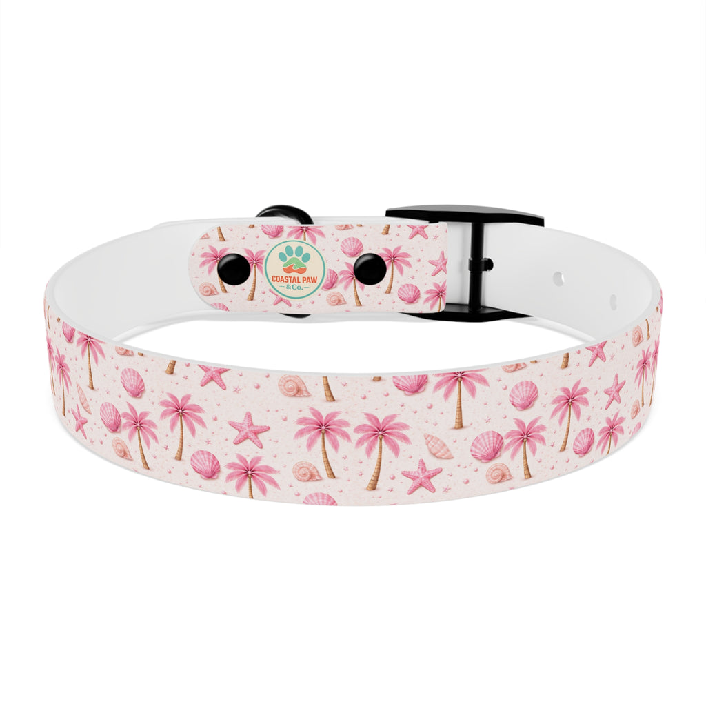 Pink Seashell Palm Tree Pattern Dog Collar | Beach Summer Print