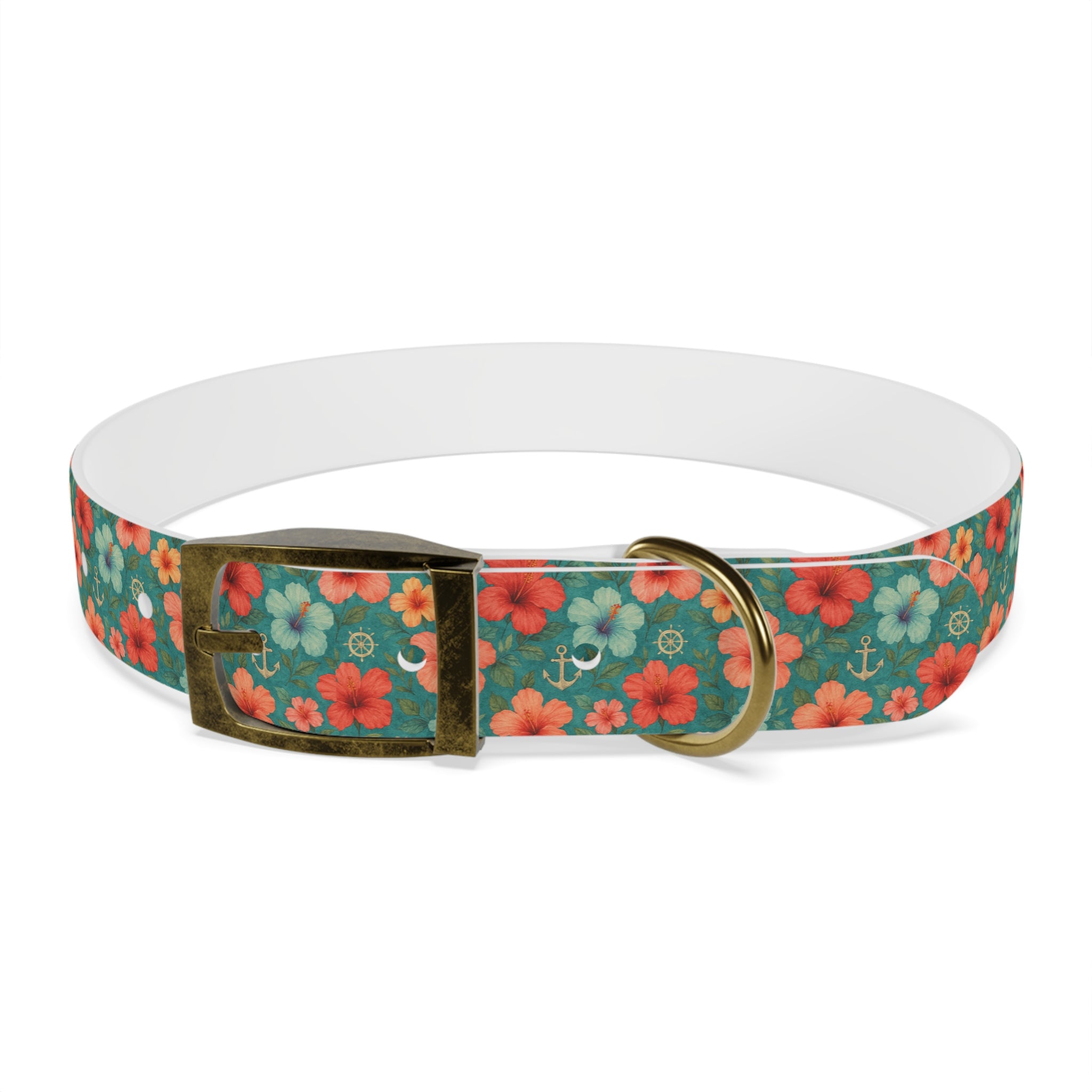 Tropical Hibiscus Pattern Dog Collar | Coral Floral on Teal