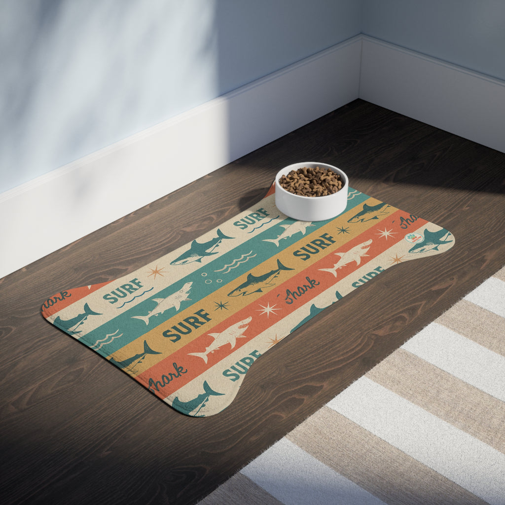 Retro Surf Sharks Pet Feeding Mat | Bone-Shaped Placemat for Pets