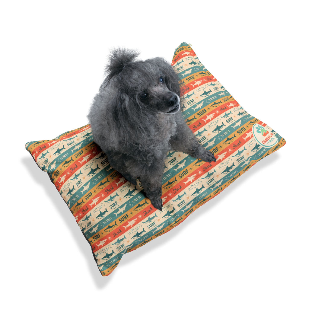 Retro Surf Sharks Pet Bed | Beach Stripes, Orange Teal Pattern