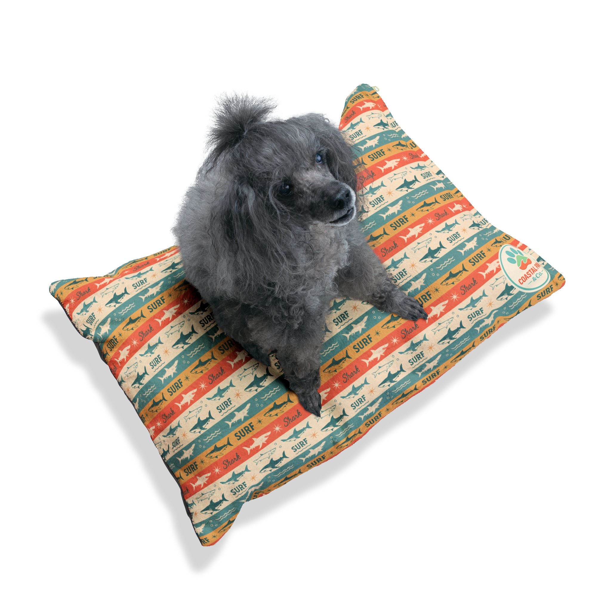 Retro Surf Sharks Pet Bed | Beach Stripes, Orange Teal Pattern