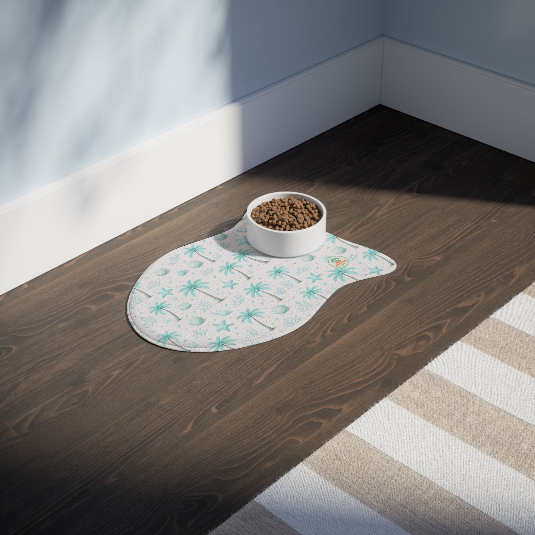 Aqua Palm Tree Pattern Pet Feeding Mat | Coastal Beach Design, Non-Slip
