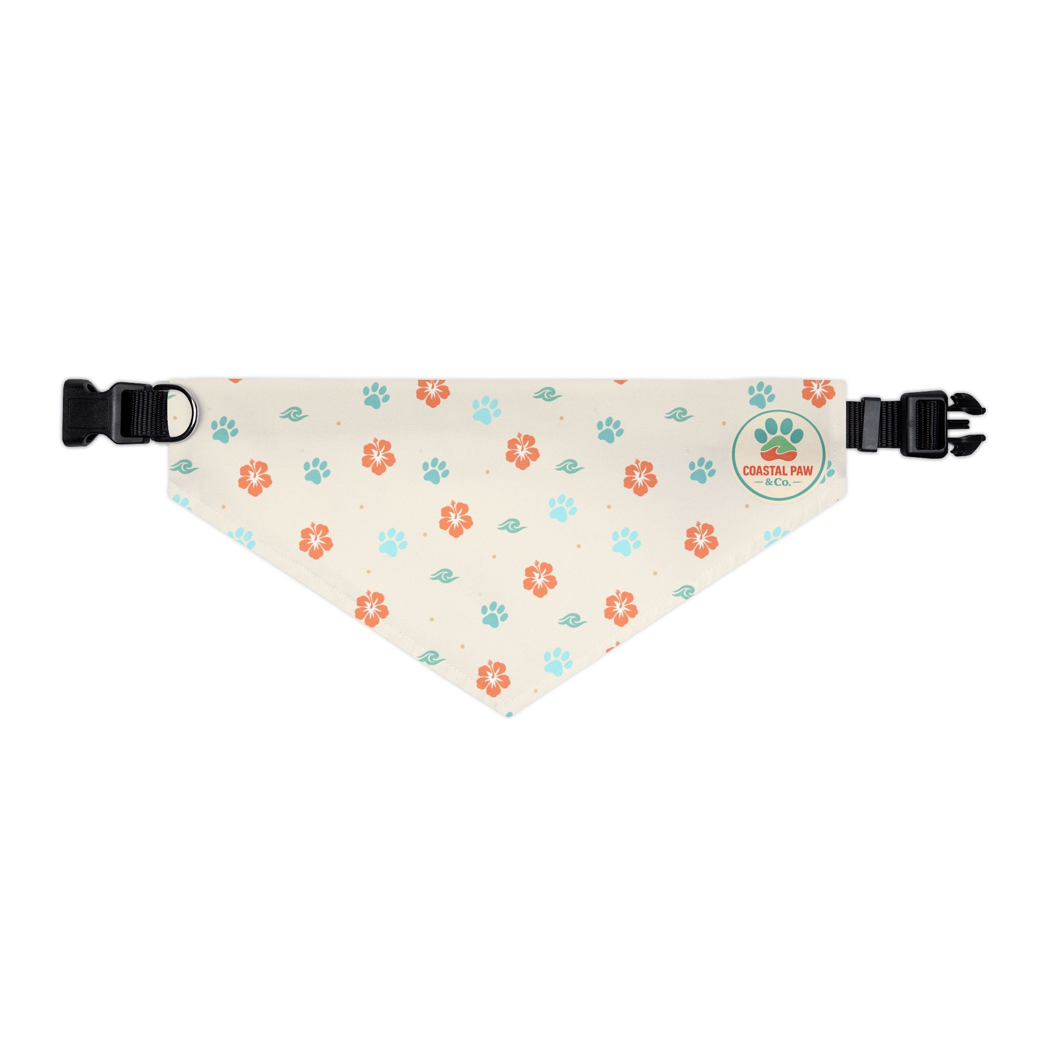 Coastal Paw Logo Pet Bandana Collar | Floral Paw Prints, Beach Theme