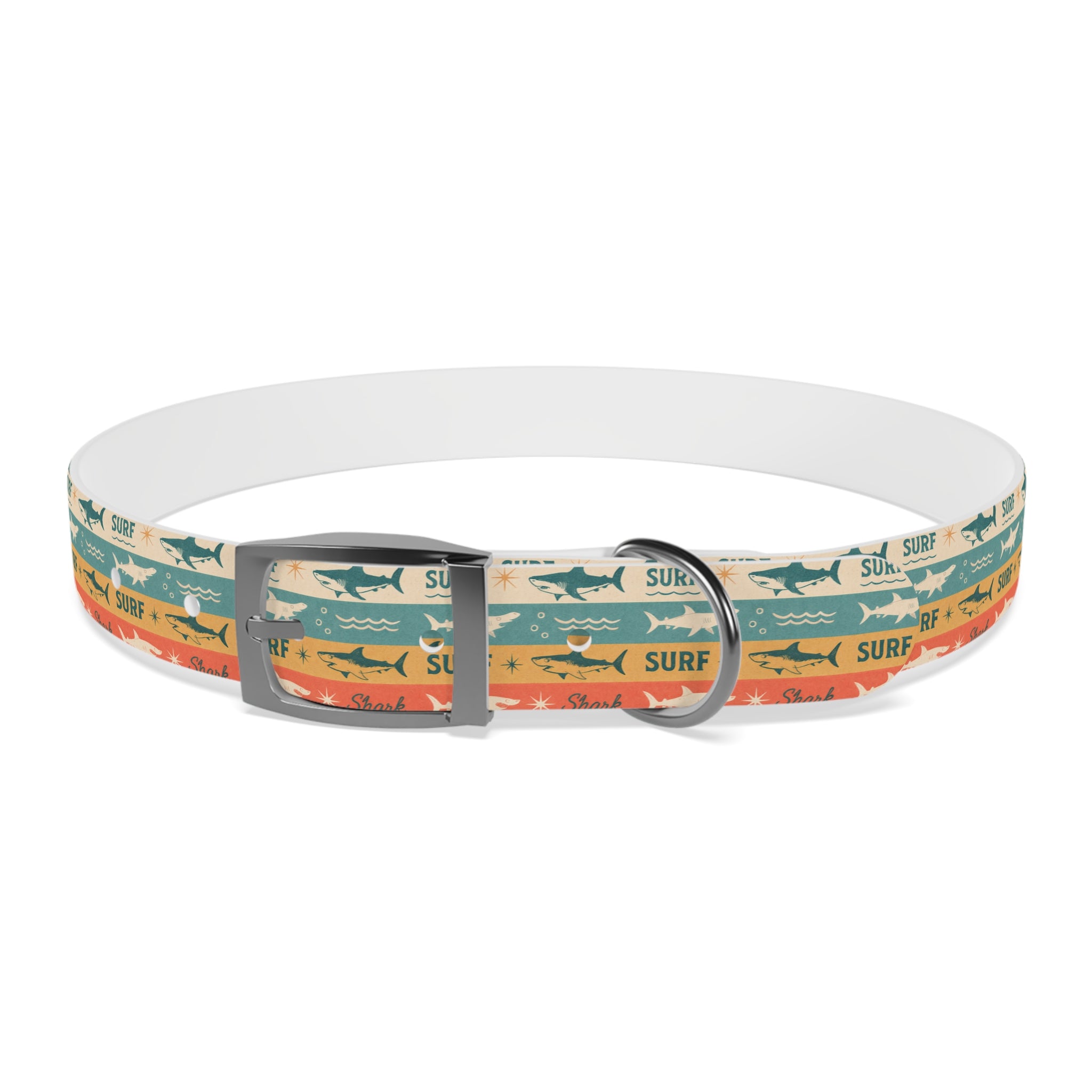 Retro Surf Sharks Dog Collar | Striped Beach Waves Pattern