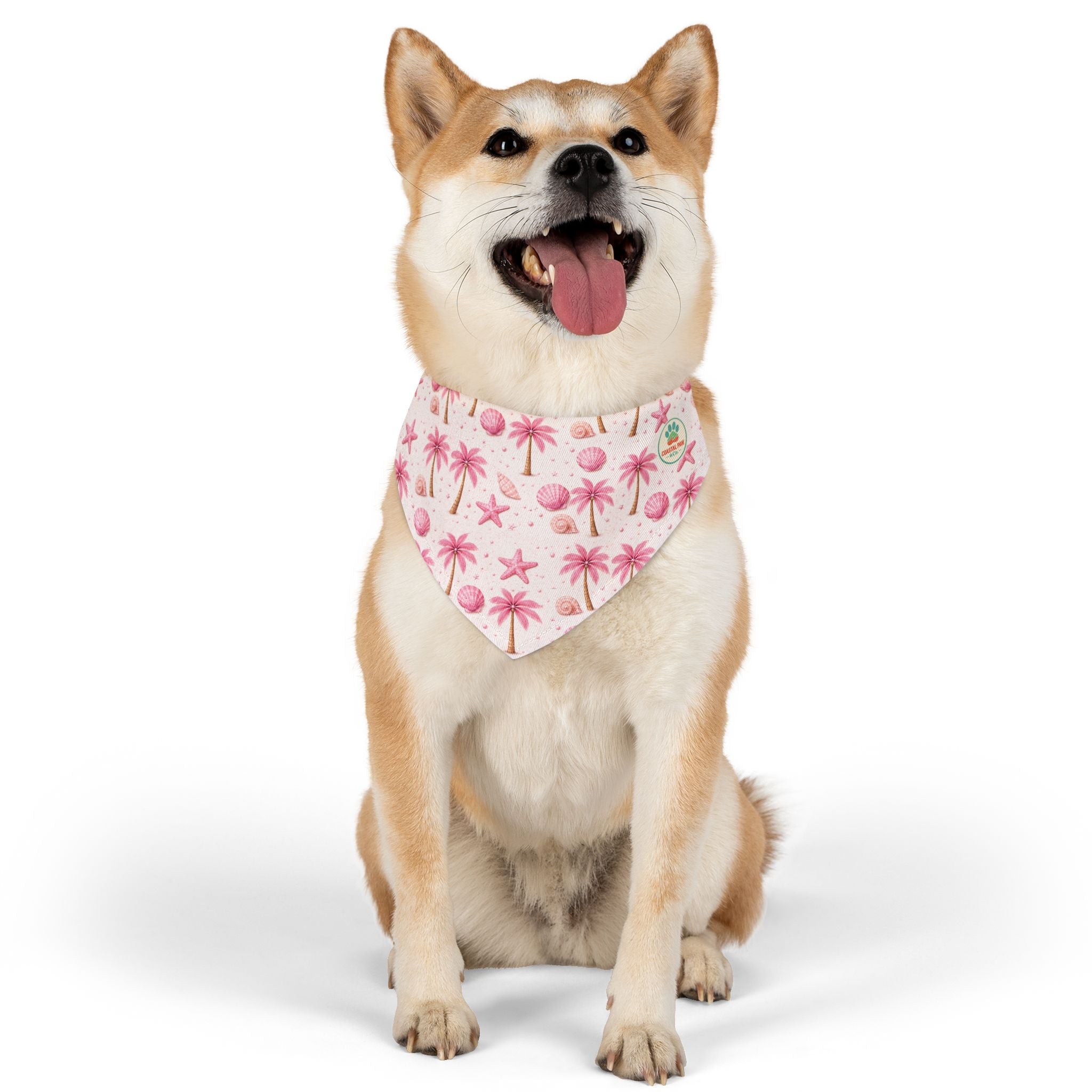 Pink Palm Trees Seashells Pet Bandana Collar | Tropical Beach Print