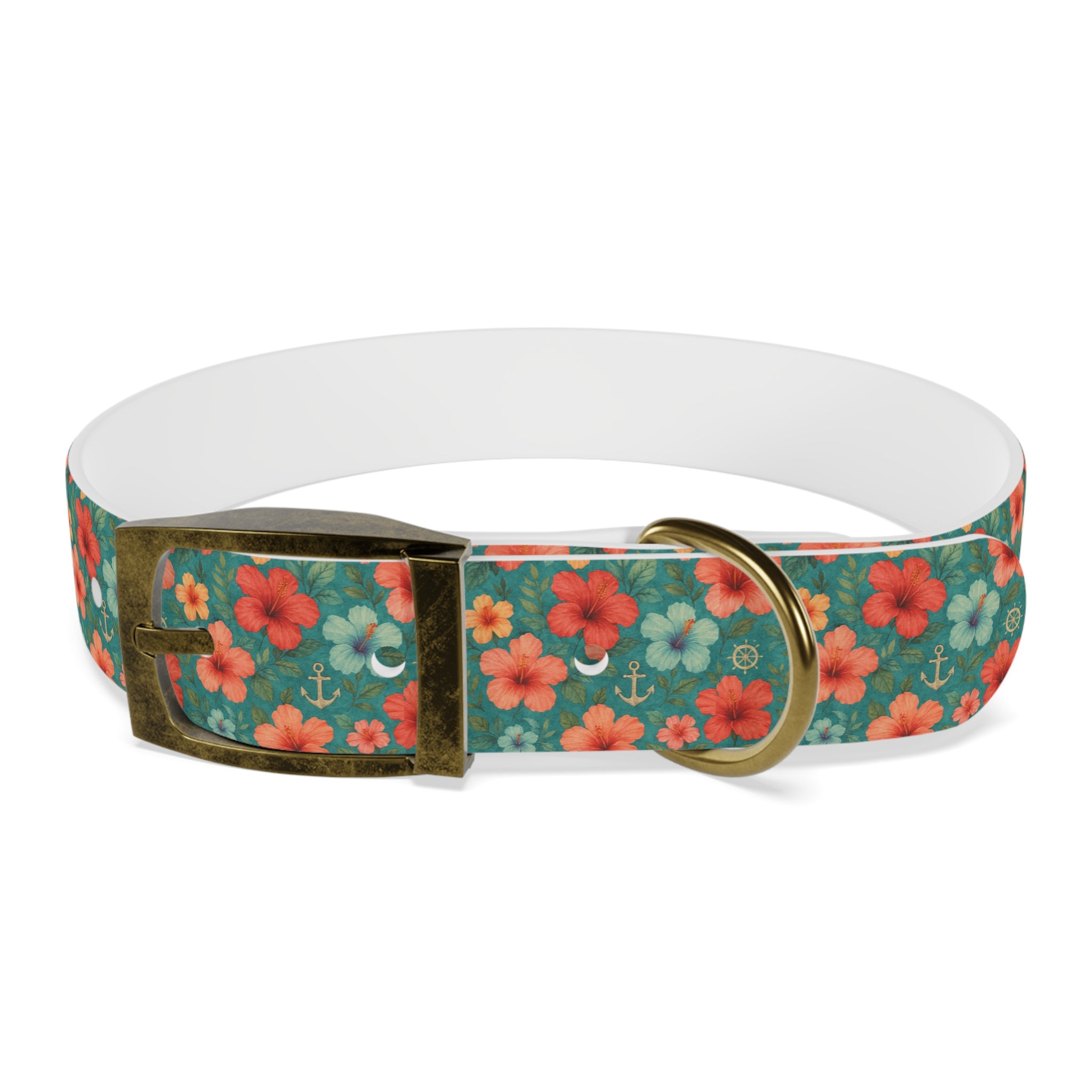 Tropical Hibiscus Pattern Dog Collar | Coral Floral on Teal