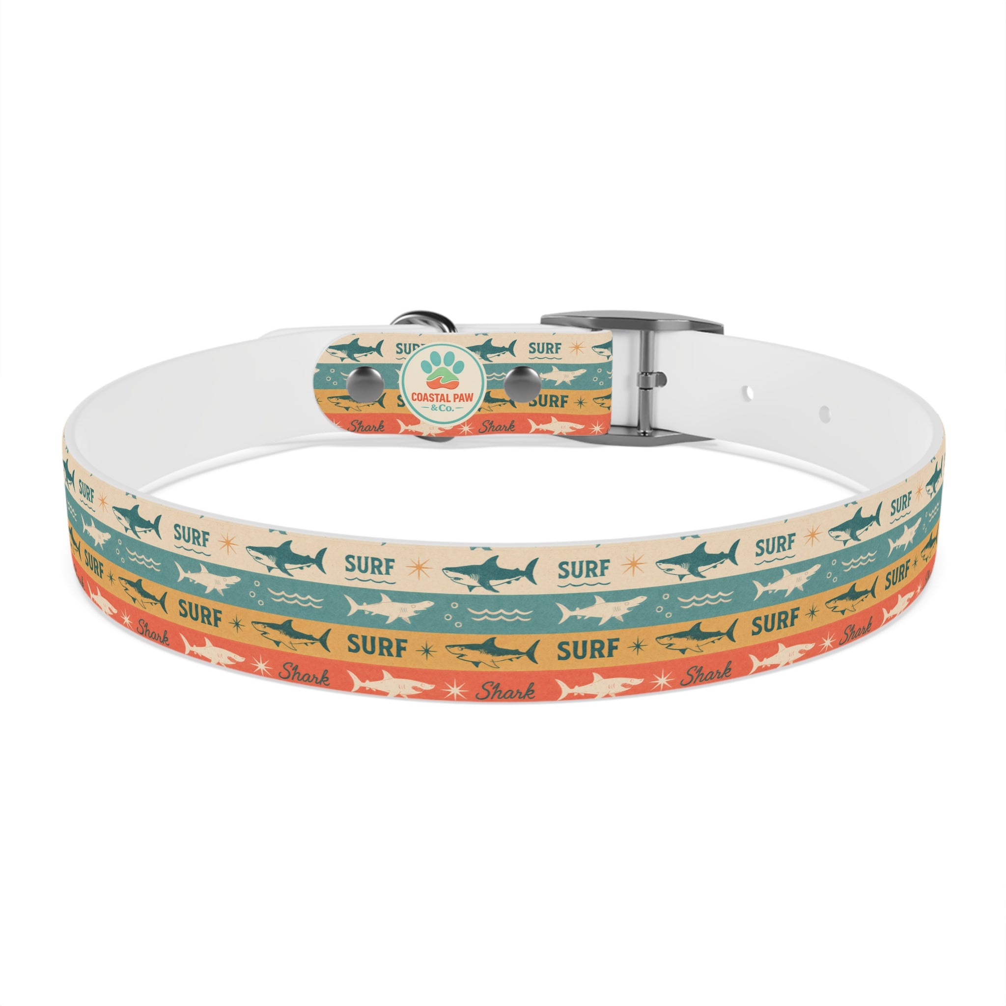 Retro Surf Sharks Dog Collar | Striped Beach Waves Pattern