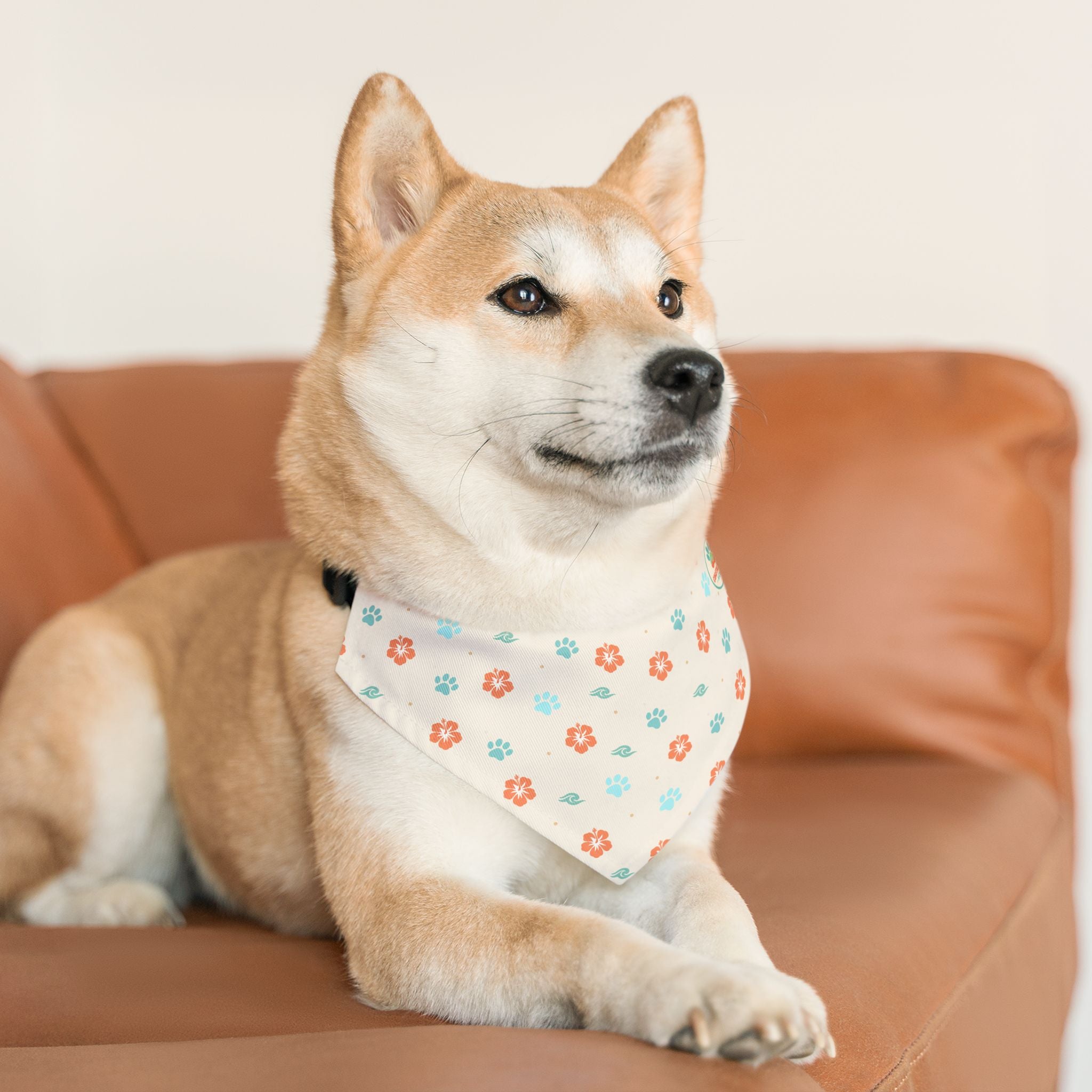 Coastal Paw Logo Pet Bandana Collar | Floral Paw Prints, Beach Theme