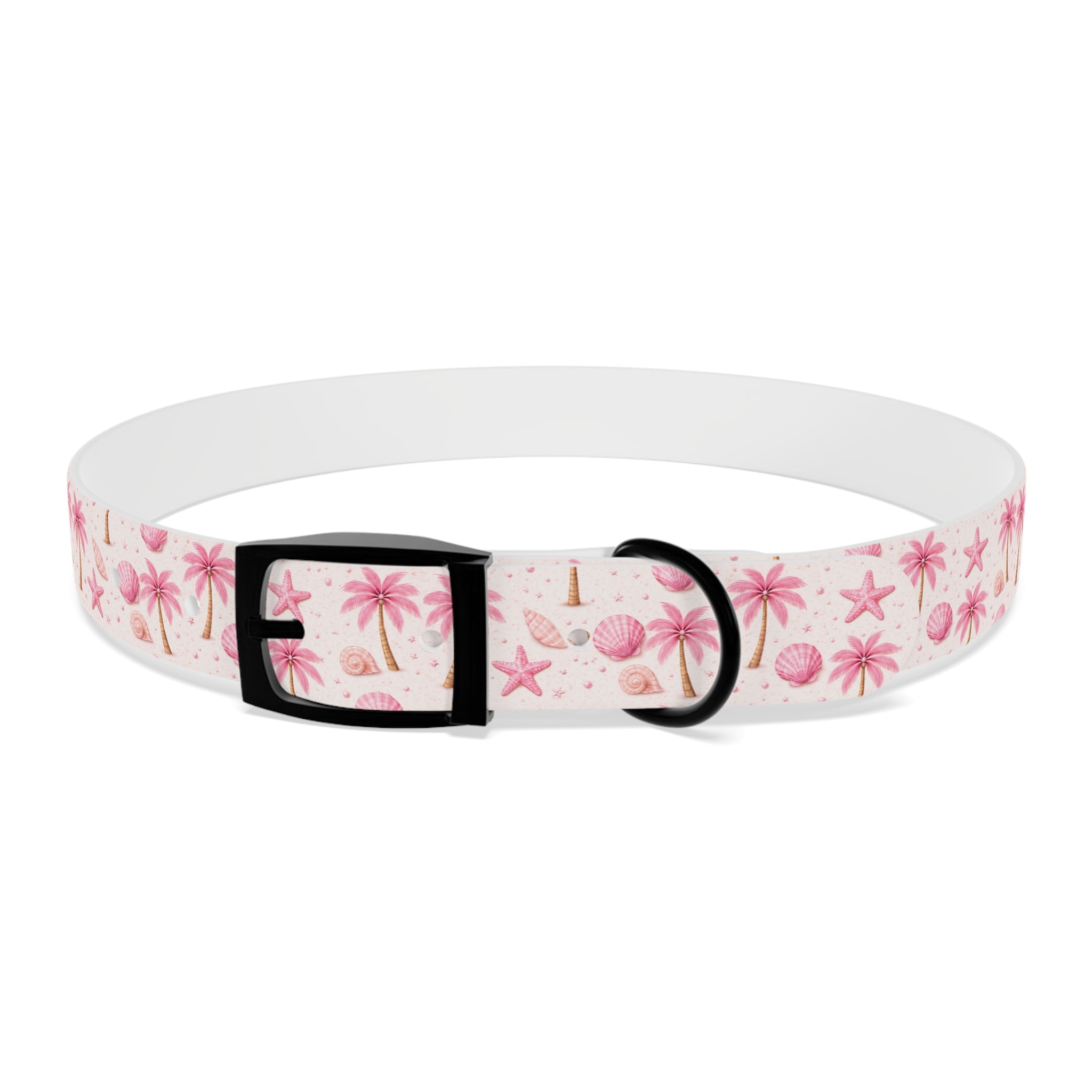 Pink Seashell Palm Tree Pattern Dog Collar | Beach Summer Print