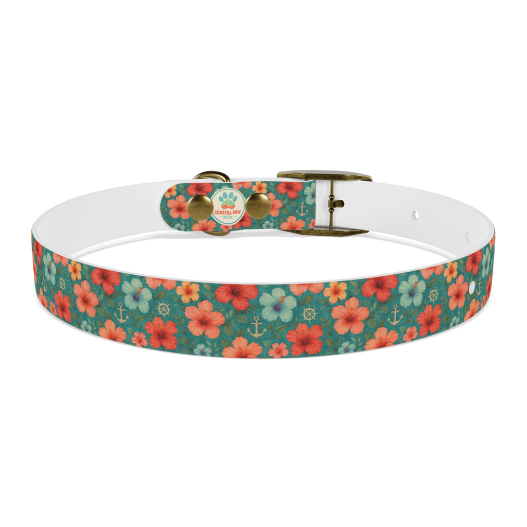 Tropical Hibiscus Pattern Dog Collar | Coral Floral on Teal