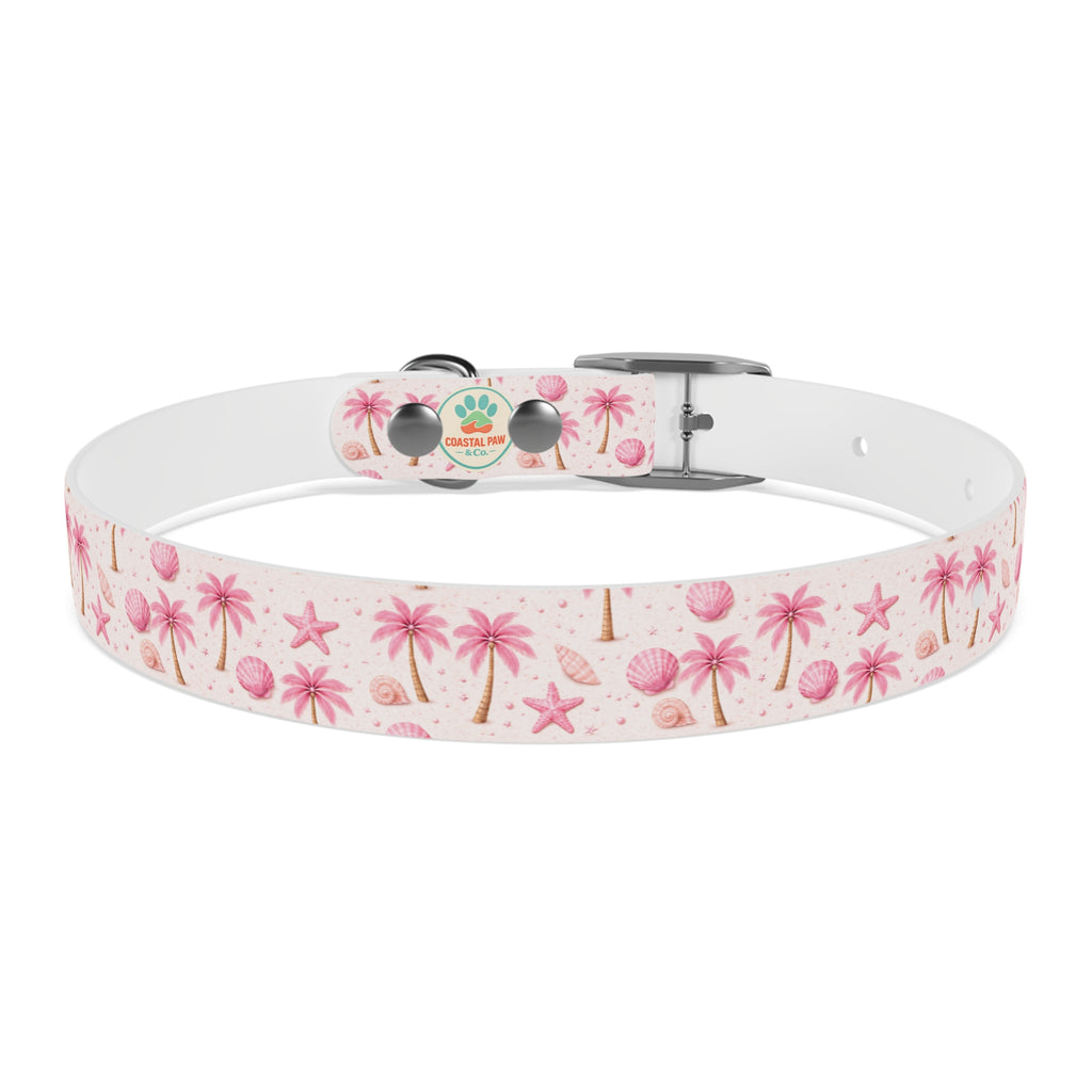 Pink Seashell Palm Tree Pattern Dog Collar | Beach Summer Print