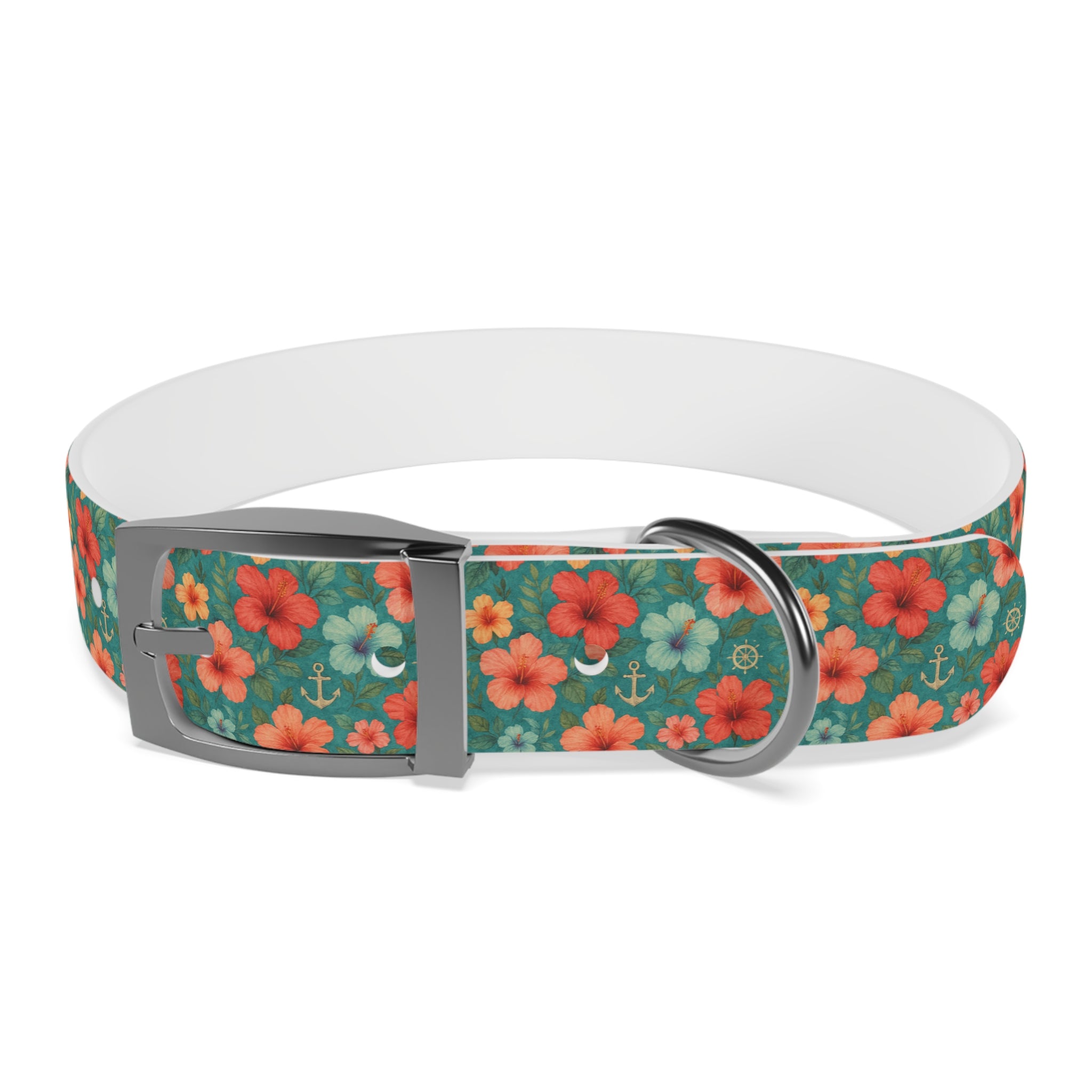 Tropical Hibiscus Pattern Dog Collar | Coral Floral on Teal