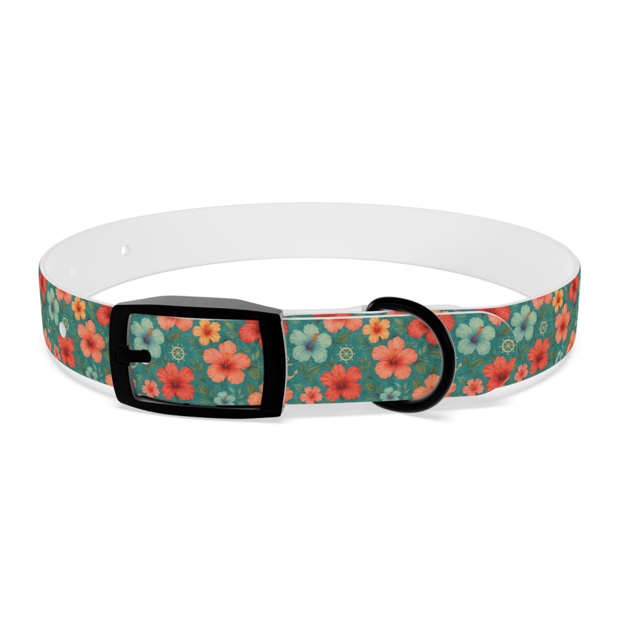 Tropical Hibiscus Pattern Dog Collar | Coral Floral on Teal